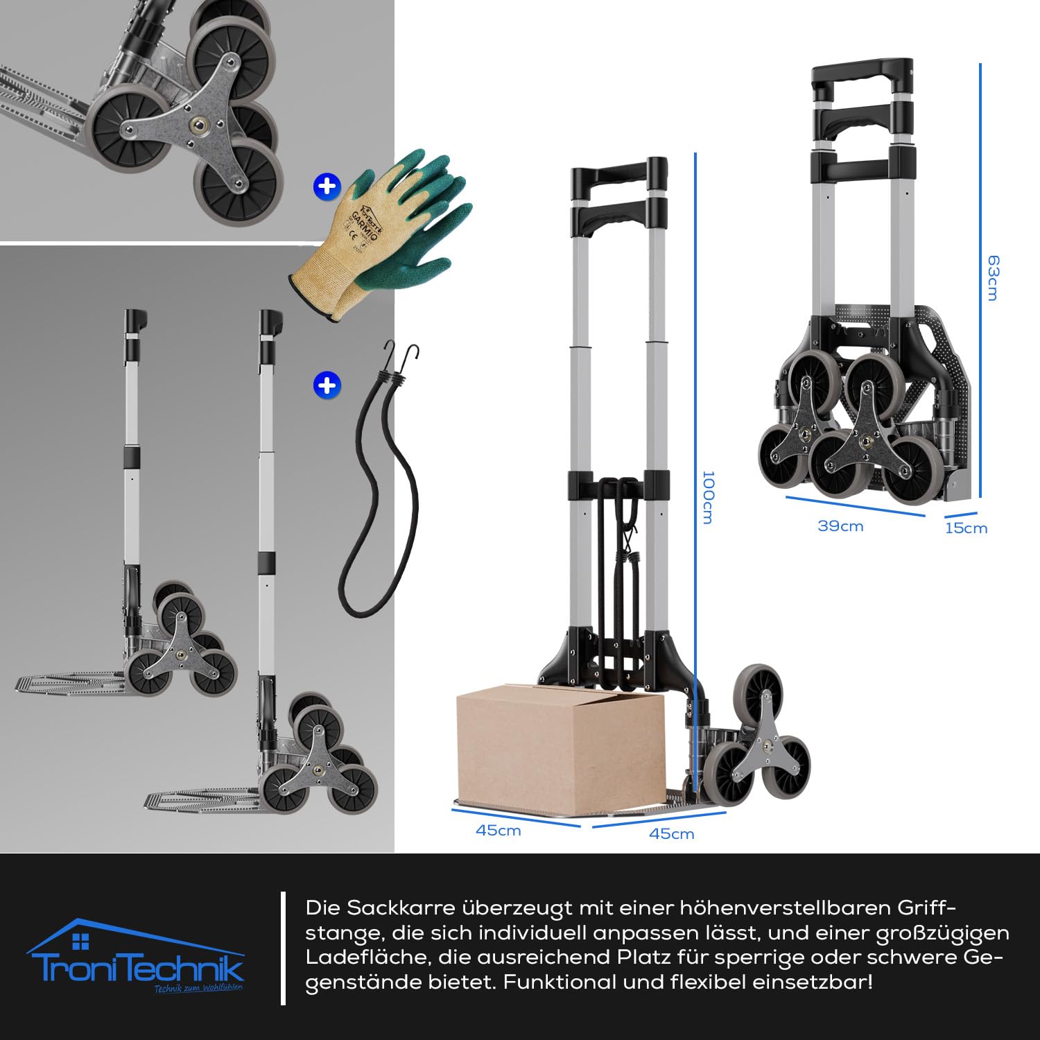 Tronitechnik® Sackkarre Handkarre klappbar für Treppen, Transportkarre bis 75kg - Karre für Pakete, Transportwagen für Pakete, Gepäck und Einkauf - Vollgummireifen, höhenverstellbar