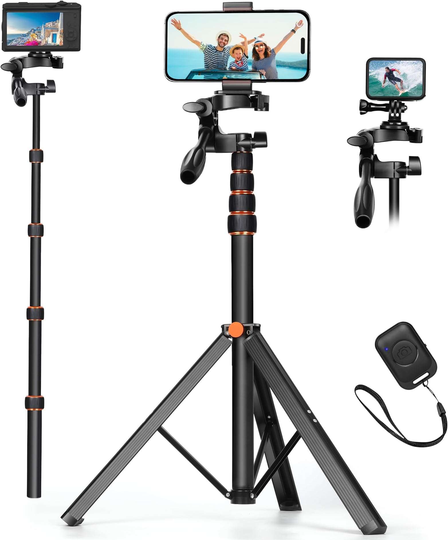 Tripod for iPhone, 63.5" Phone Tripod & Selfie Stick Tripod with 360ยฐ Rotatable Pan Head and Remote, Sturdy Mobile Tripod Stand & Cell Phone Tripod for Selfies/Video Recording