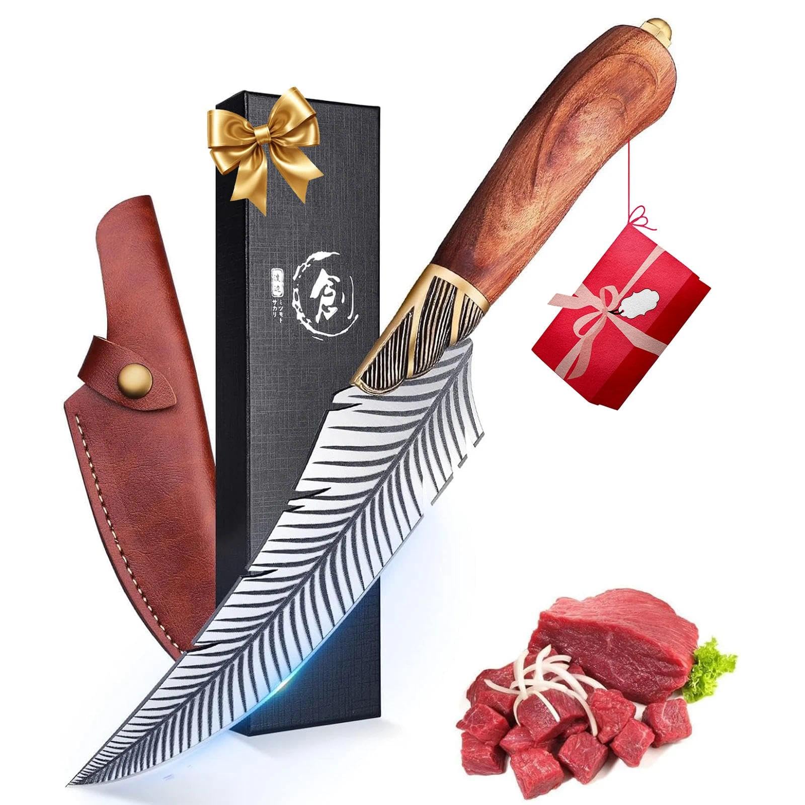 Dream Reach Feather Viking Boning Knife, 6 Inch Professional Viking Knife Meat Cleaver Full Tang with Sheath Gift Box for Outdoor Camping Thanksgiving Christmas Gifts for Men Women