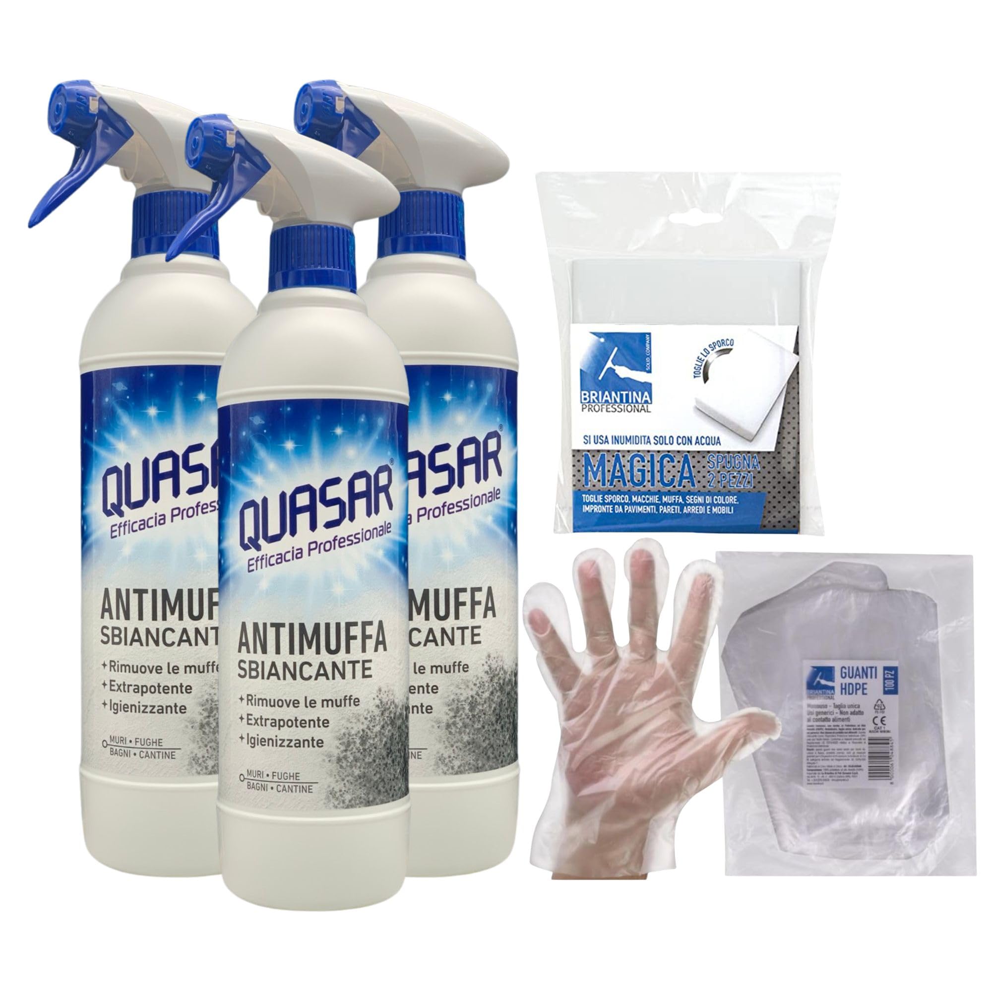 SET PULIZIA: Quasar Detergente Spray ANTIMUFFA Sbiancante, Extrapotente e Igienizzante 580ml + 1 Confezione Spugna Magica + 100pz Guanti HDPE Monouso (3 Spray + 1 Spugna + Guanti)