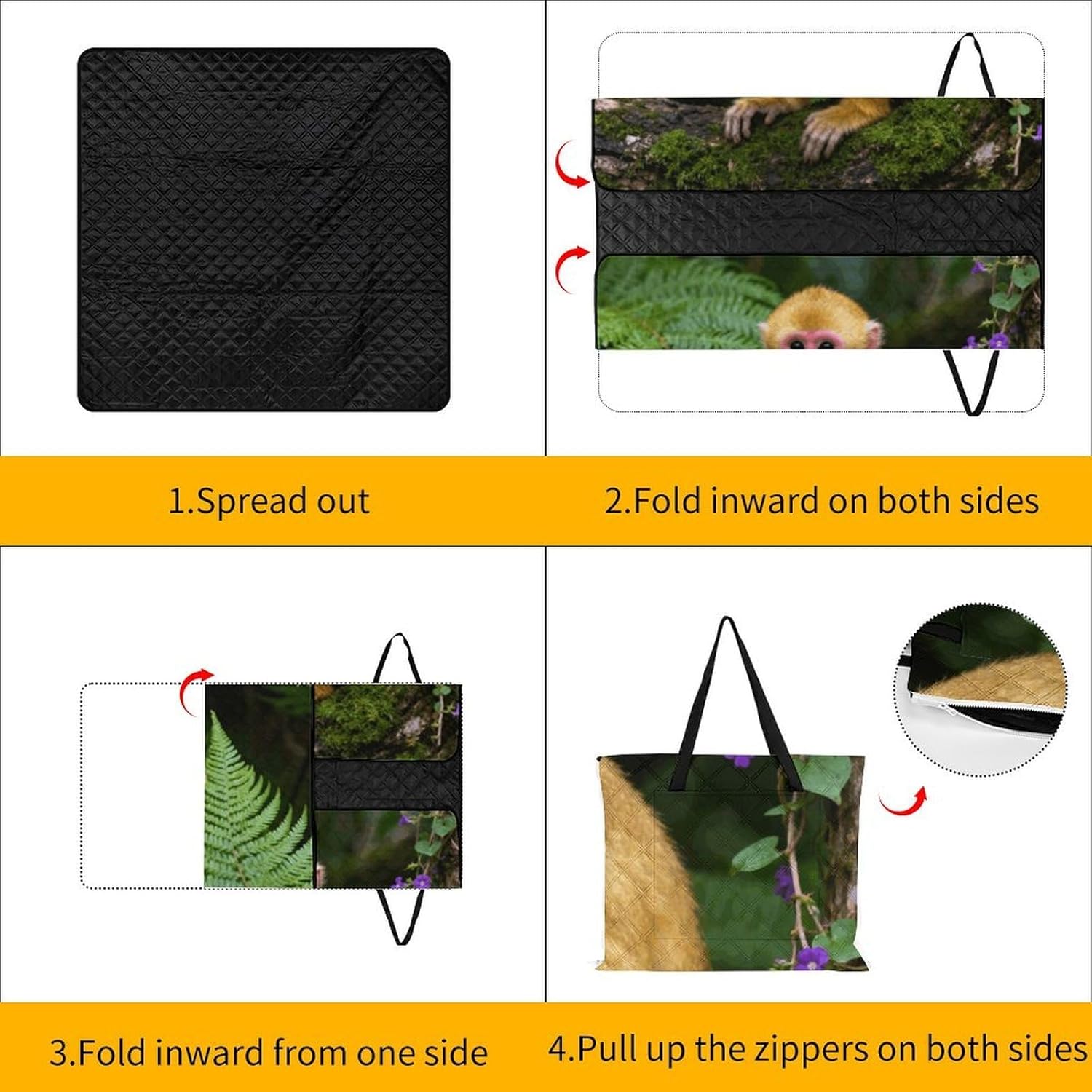 Golden Monkey in The Forest Picnic Blanket with Zipper Water Resistant Sand Free Picnic Mat Washable Foldable Easy Carry Beach Blanket for Lawn Beach Hiking Camping