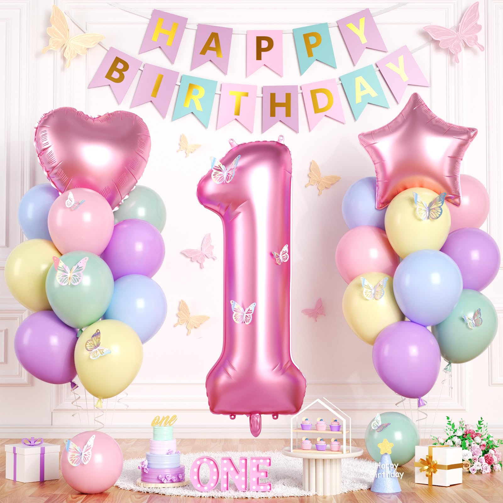 Photo 1 of 1st Birthday Decorations for Girls, 40 Inch Pink Number 1 Balloon, Foil Heart Star Balloons, Pastel Balloons with Butterfly Stickers, Birthday Banner for Baby Girl One Year Old Party Decor Backdrop