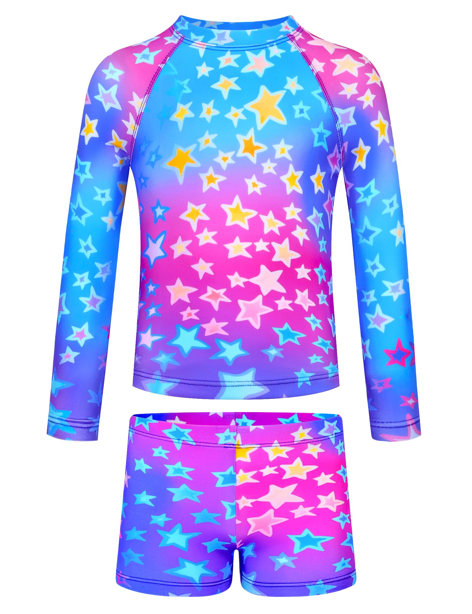 TENVDA Girls Rash Guard Swimsuit Long Sleeve Bathing Suits with Shorts for 3-12 Years Old Kids