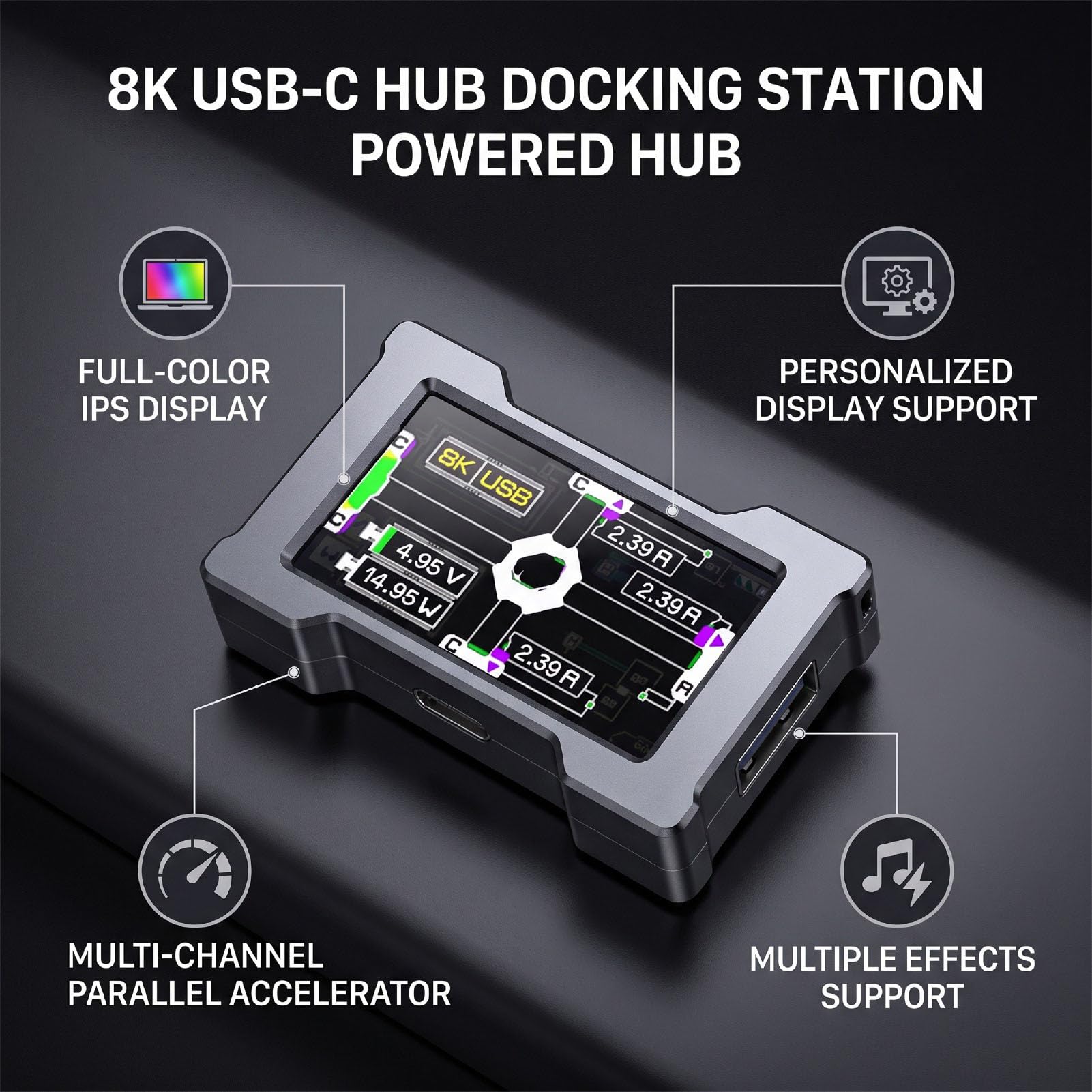 Jectse Stacja Dokująca USB C Hub, Kolorowy Wyświetlacz 8K (BLACK)