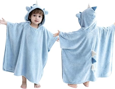 Hooded Towel for Kids with Snap Button, Soft Absorbent Bath Poncho 23.6" x 27.5", Cute Toddler Beach Towel Wrap for Boys and Girls Dino