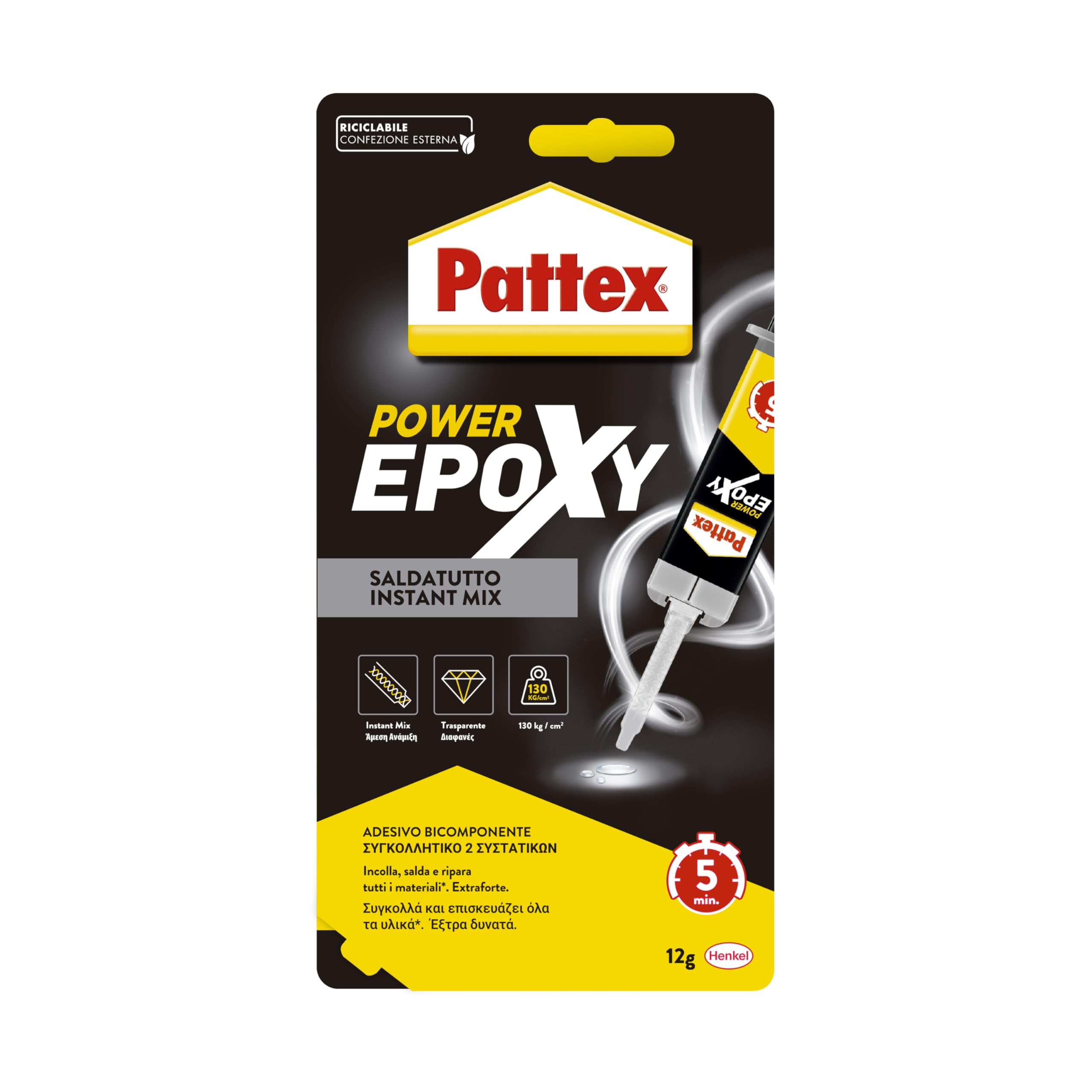 Pattex Power Epoxy Saldatutto Mix 5 minuti, forte colla epossidica bicomponente a elevata tenuta finale, colla multiuso adatta per quasi ogni materiale,, 1x12g