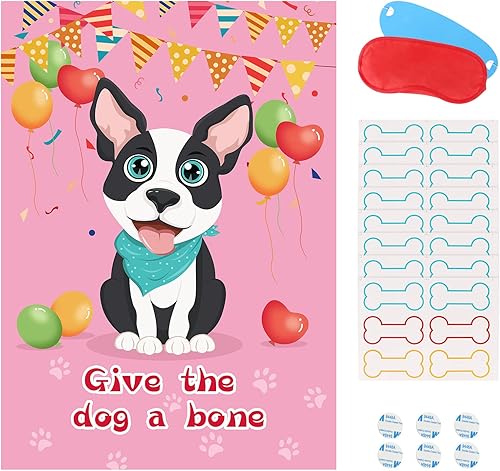 Juegos de fiesta de Pin The Bone on The Dog con 48 piezas de hueso, dale al perro un juego de hueso para suministros de fiesta de cumpleaños