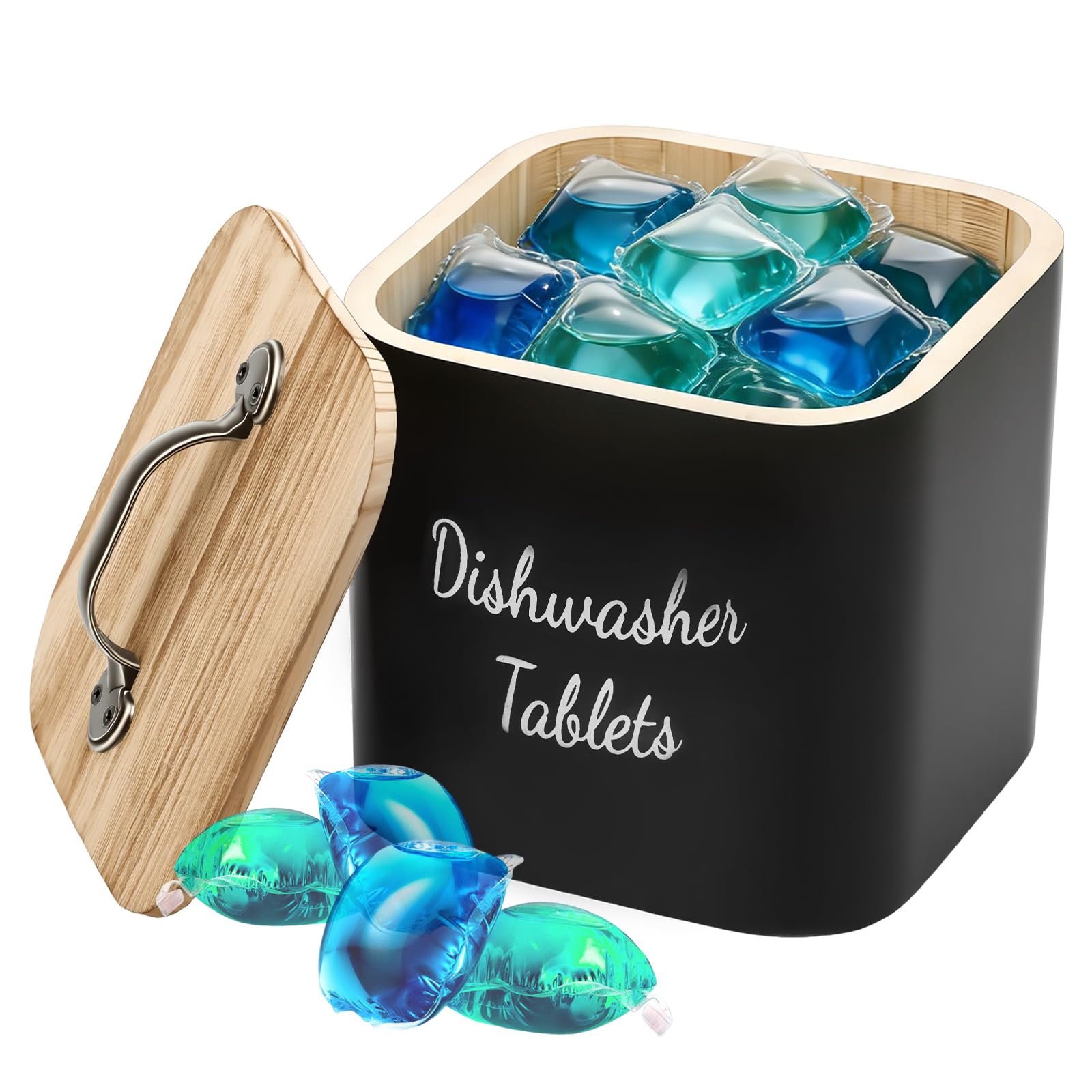 YUNYOUC Wooden Laundry Pods Container with Lid, Black Square Dishwasher Tablet Storage Box, Detergent Pod Holder for Laundry Room, Storage Container for Washing Pods, Bath Bombs(Black)