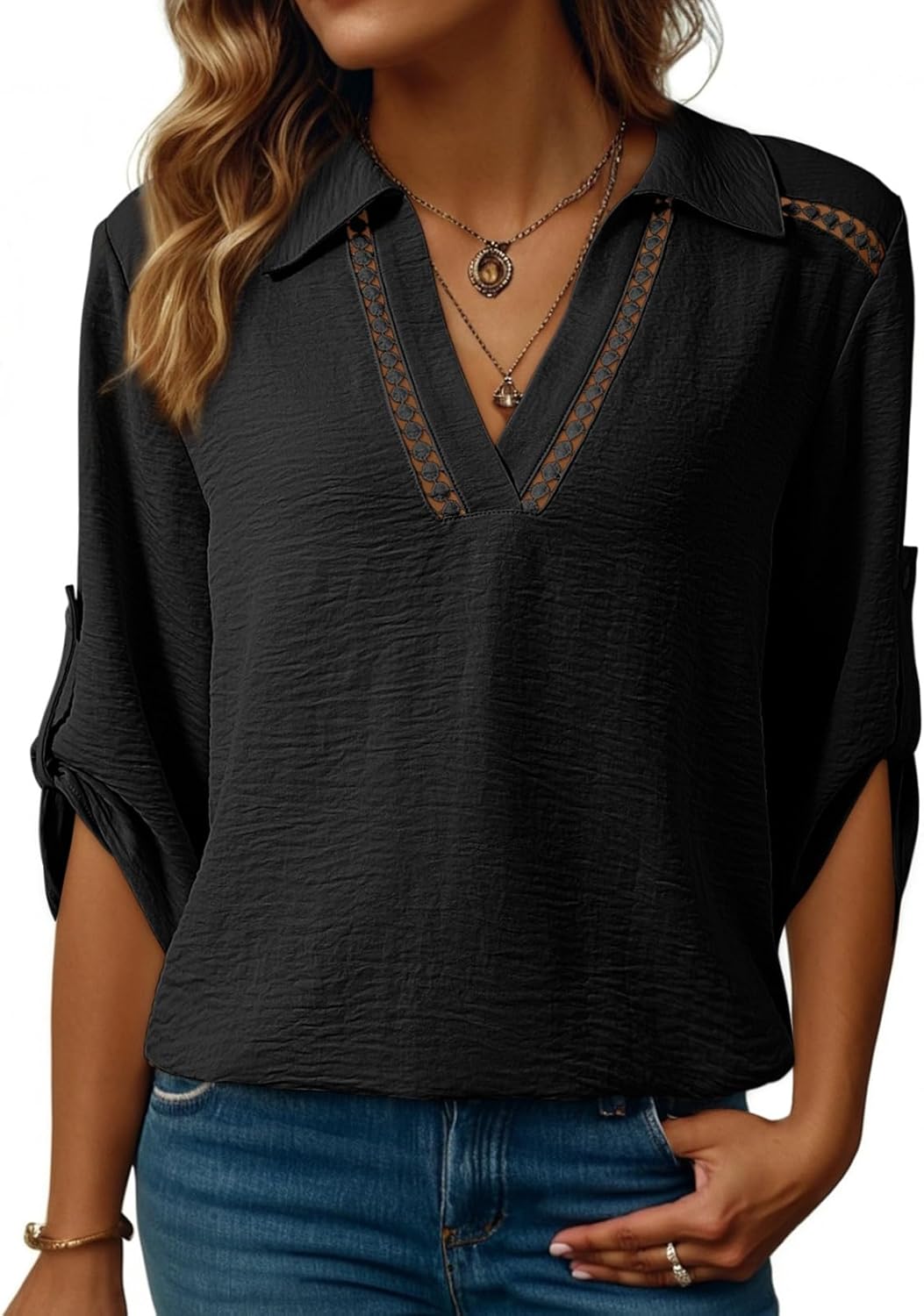 Dokotoo Womens Summer 2025 Dressy Casual Blouses V Neck 3/4 Sleeve Shirts Hollow Out Lace Collar Tunic Tops - Image 6