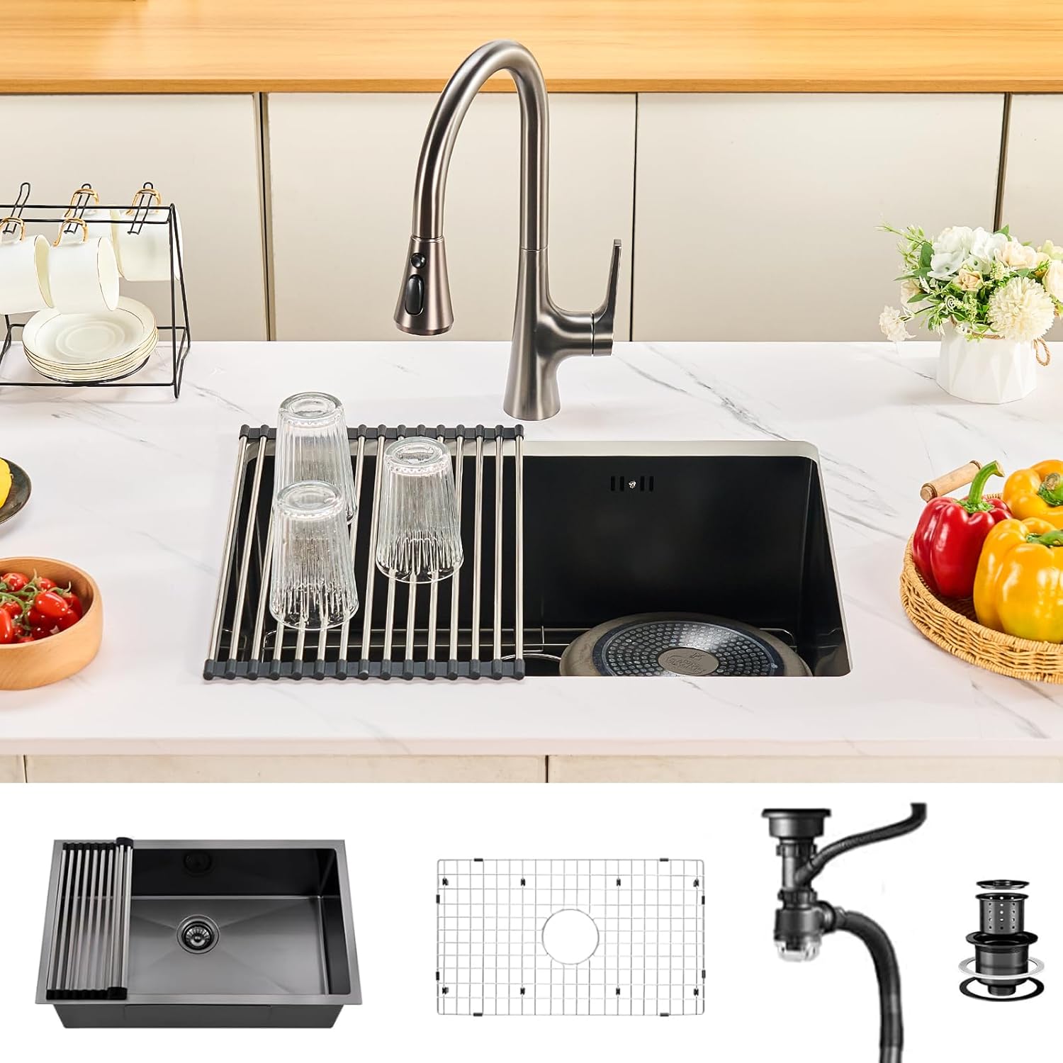 30 Inchs Undermount Kitchen Sinks, 30 x 19 x 9 Inch Black-Grey Single Bowl Sink,16 Gauge Stainless Steel Nano Black Sink with Accessories for Workstation, Prep Kitchen, Bar Sink(new)