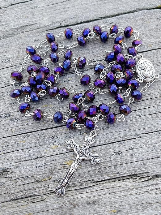 Purple Crystal Beads Rosary Necklace with Madonna Holy Soil Medal & Silver Jesus Cross Crucifix Handmade Catholic Prayer Beads Religious Gift for Men & Women - Image 4