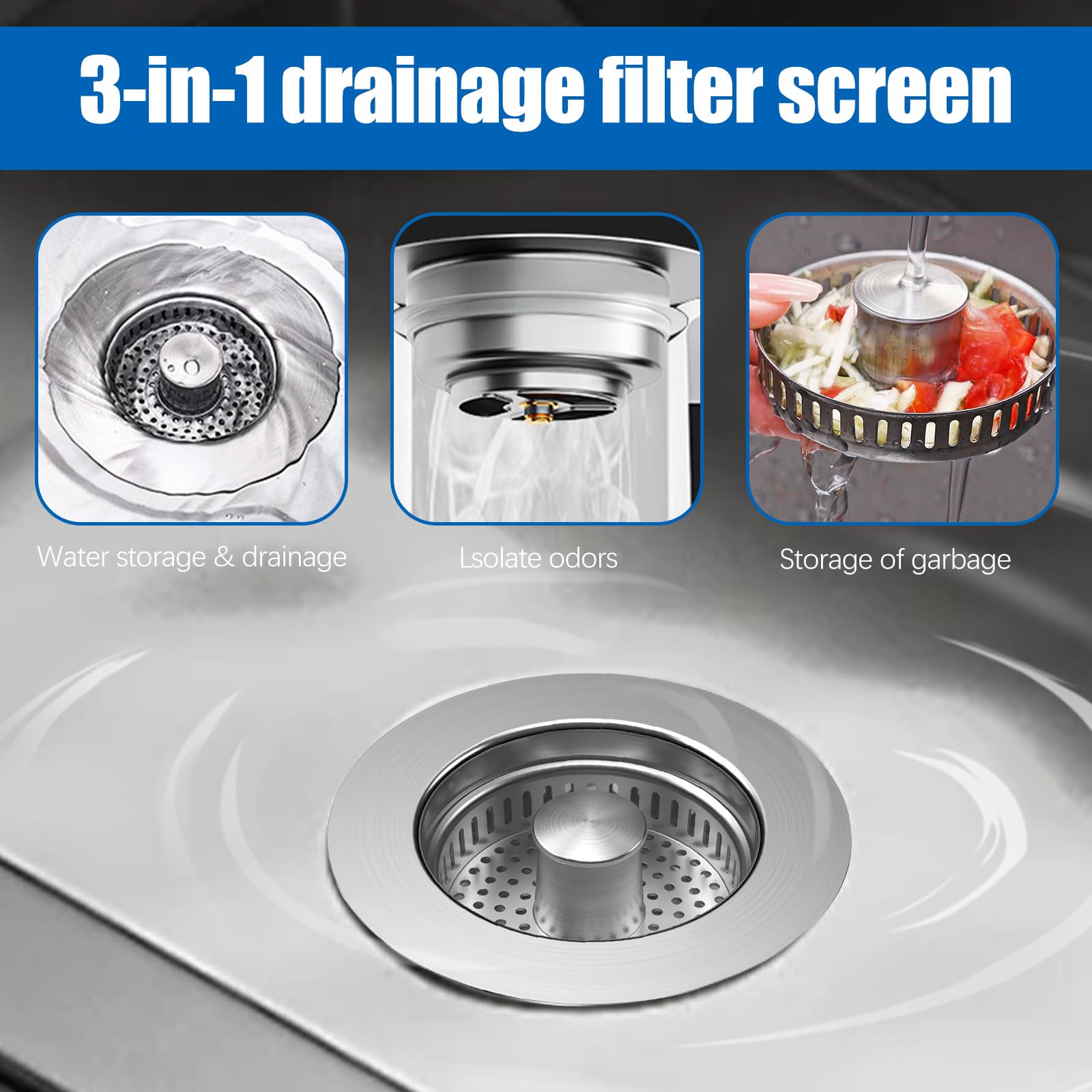 Bouchon Évier 3 En 1 Acier Inox - Pop-up Avec Filtre Et Noyau Cuivre (75-87 Mm)