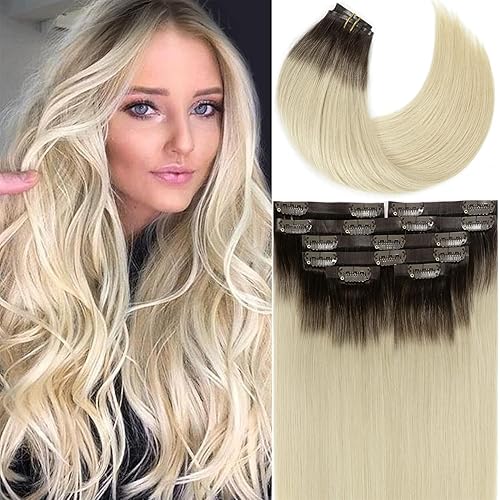 Vista 282 de Lacer Extensiones de cabello humano con clip, de doble trama, cabello brasileño de cabeza completa, color negro azabache, extensiones de cabello