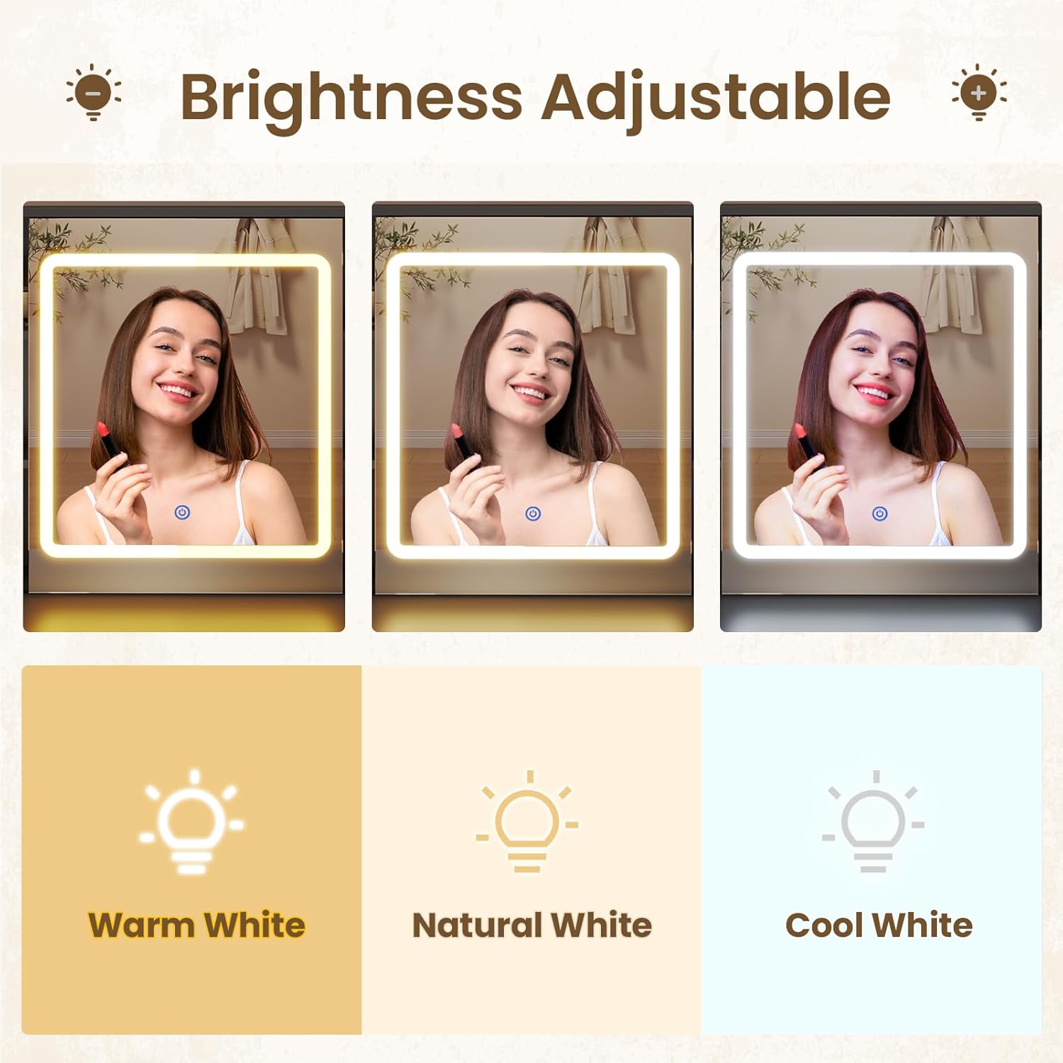 Three different light settings of the LED mirror: Warm White, Natural White, and Cool White, demonstrated by a person applying makeup.