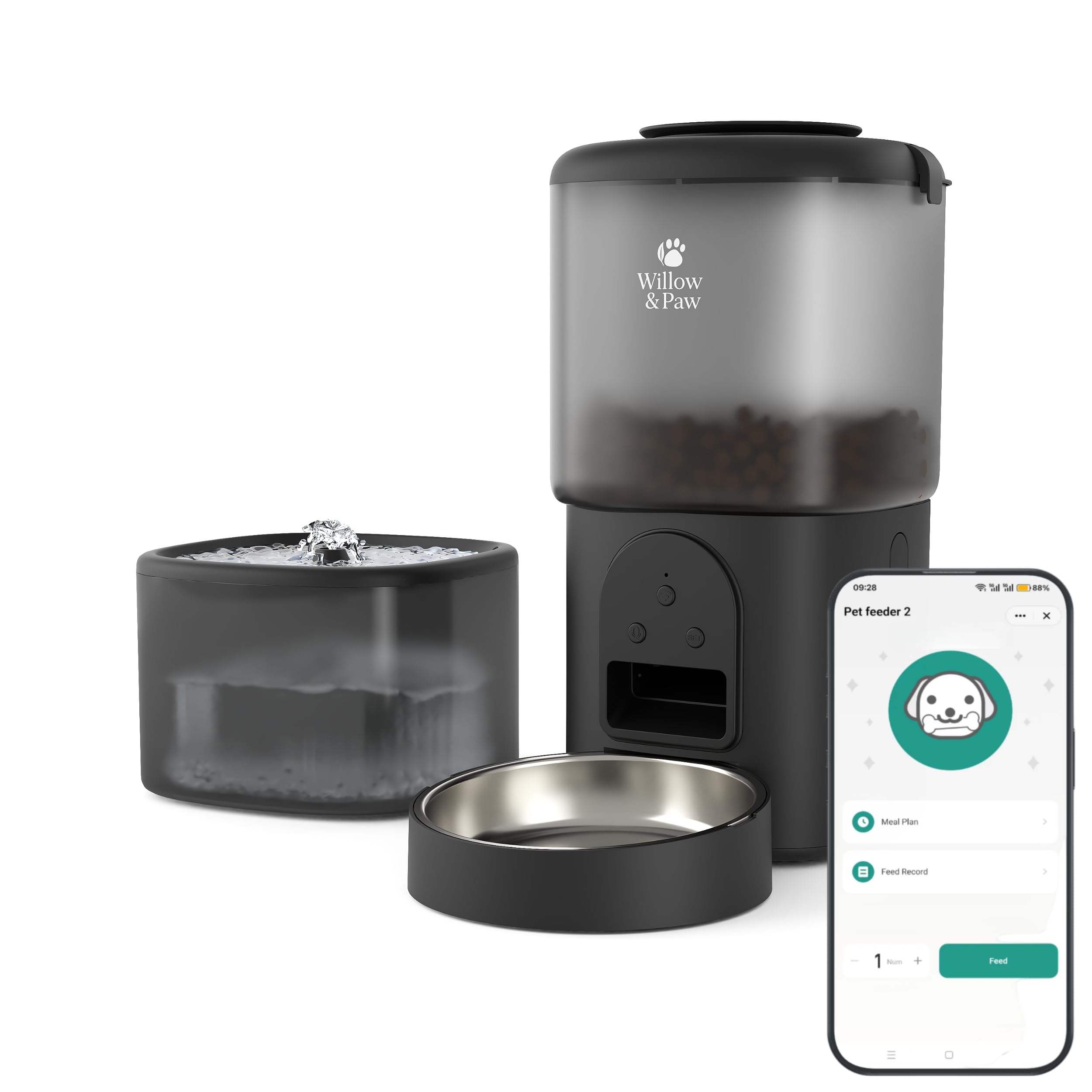 Willow & Paw 2in1 Smart Automatic Pet Feeder and Water Fountain Set - WiFi App Control, 4.5L Food Dispenser with Hygienic Stainless Steel Bowl, 2.5L Dispenser & Voice Recording (Black)