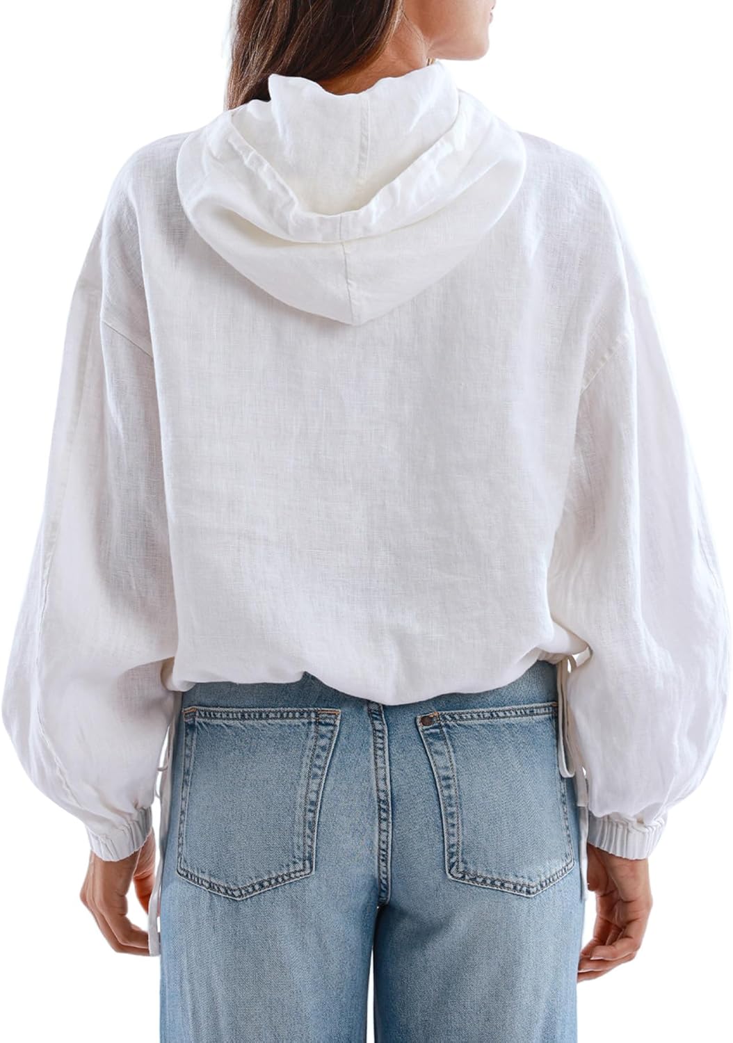 Amazhiyu Women's Pure Linen Button Front Long Sleeve Drawstring Hooded Jacket Coat - Image 3