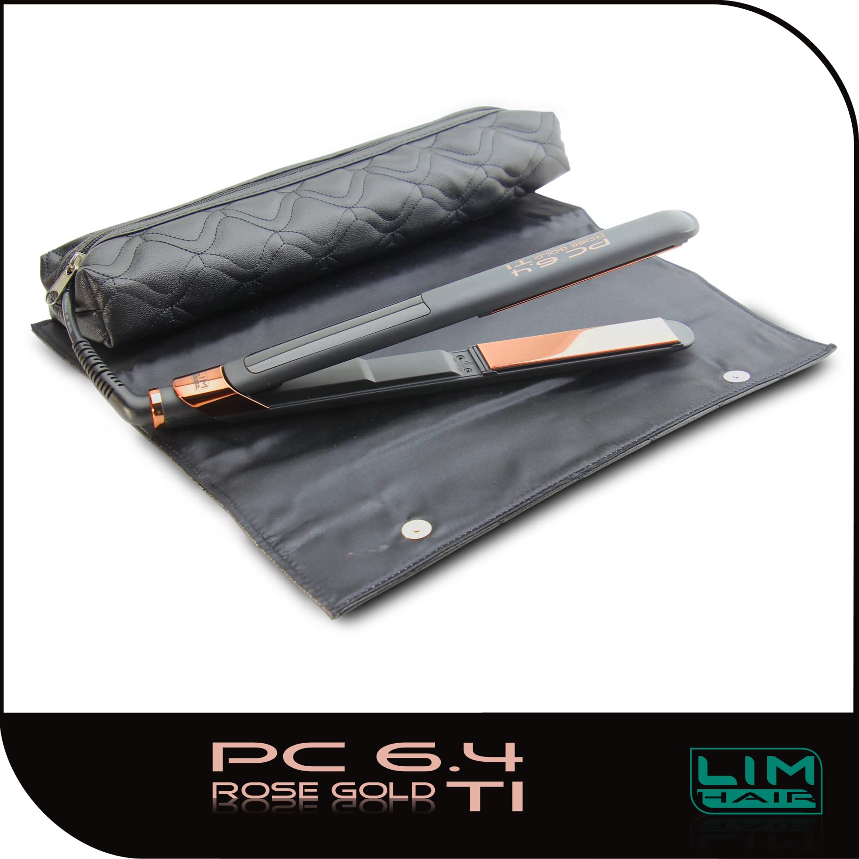Plancha de cabello LIM HAIR PC 6.4 ROSE GOLD TI. Placas basculantes y oscilantes ROSE GOLD TITANIUM. Temperatura regulable hasta 230 ºC. Neceser térmico y tapete protección mesa trabajo. (PC 6.4)