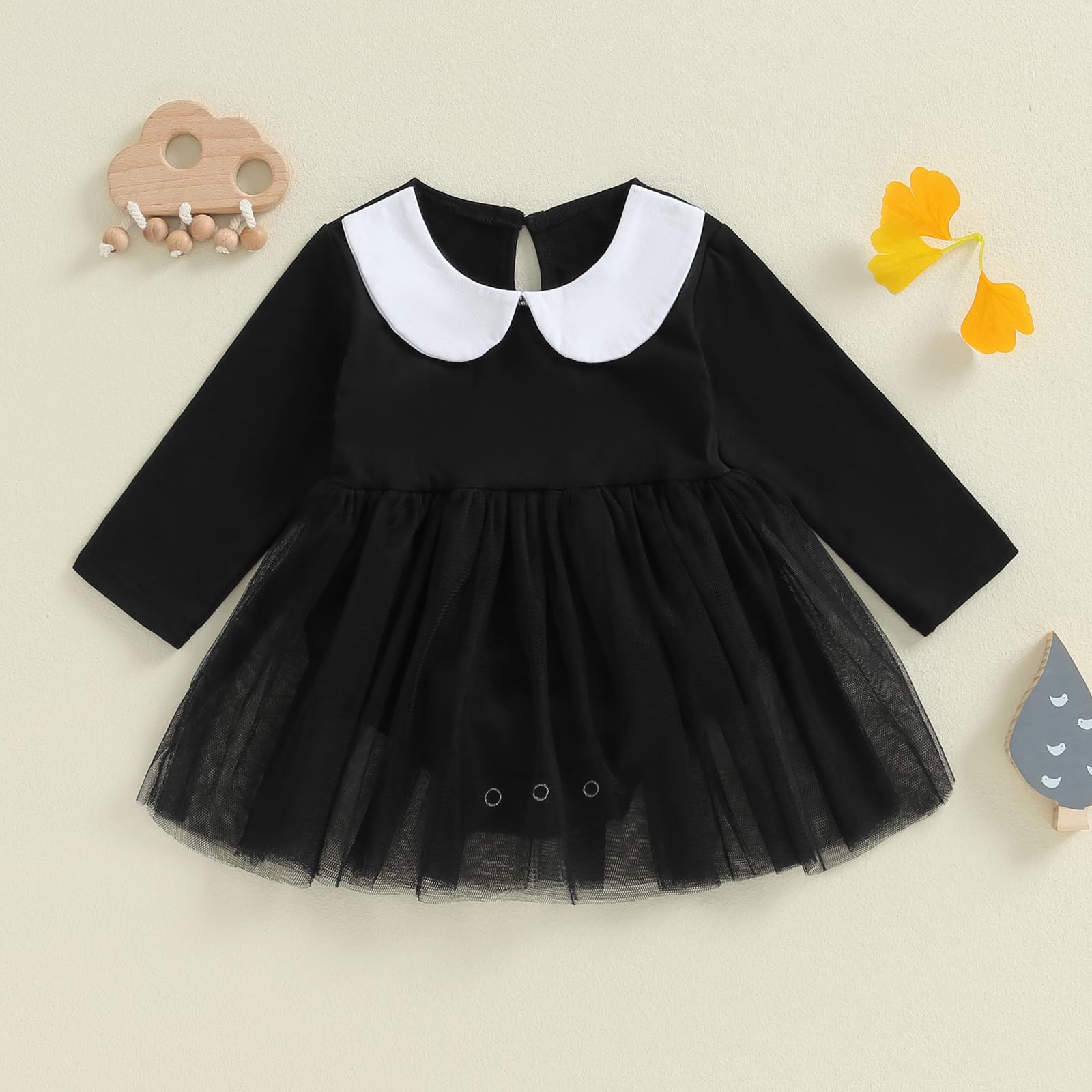 Muasaaluxi Newborn Baby Girl Halloween Outfit Long Sleeve Doll Collar Romper Tutu Dress Black Bodysuit Halloween Dress 0-24M (Black, 6-12 Months)