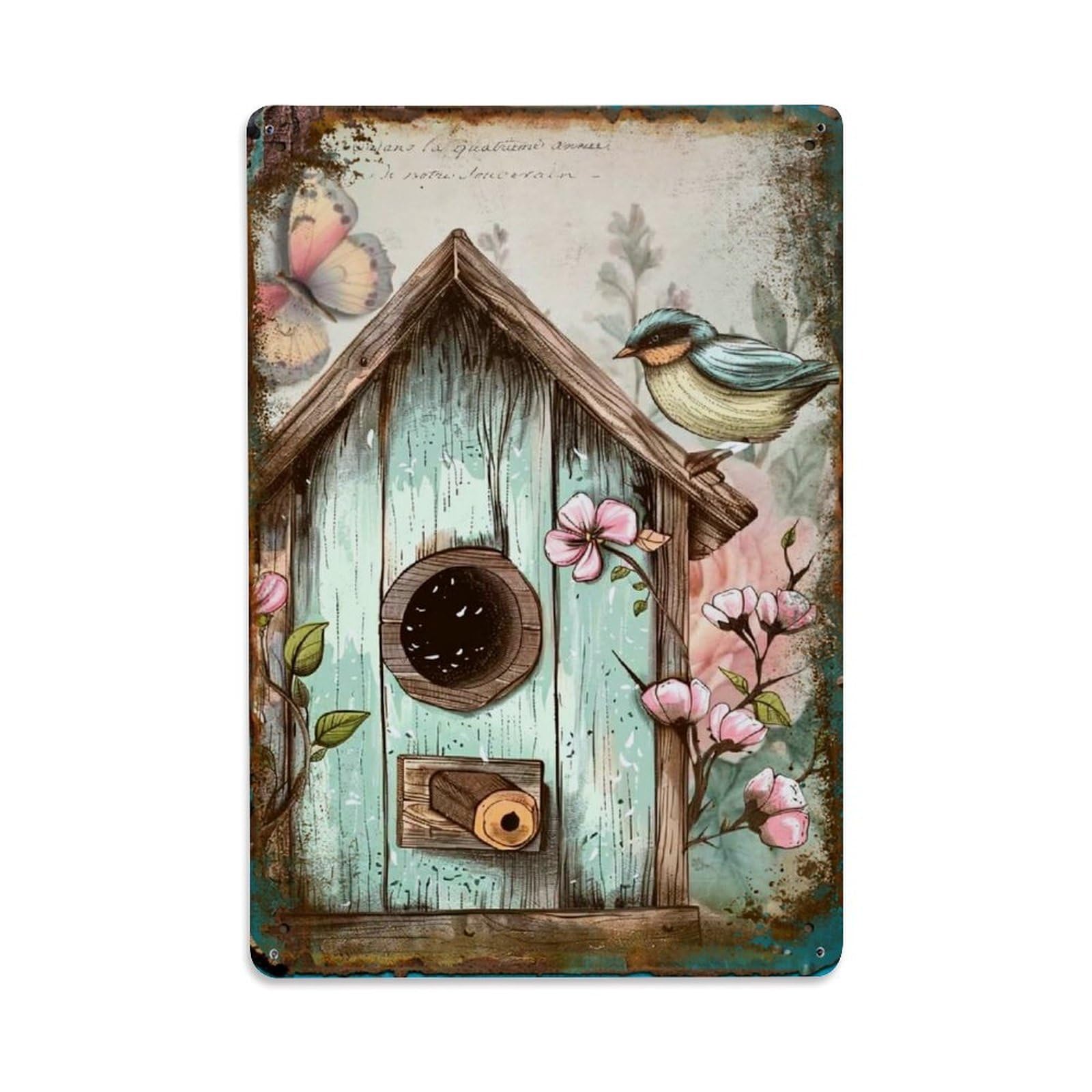 Nestemfo Vintage Birdhouse With Flowers Tin Sign Metal Sign, Living Room,Bar, Home, Bedroom Wall Decor,Retro Metal Poster 8X12 Inches