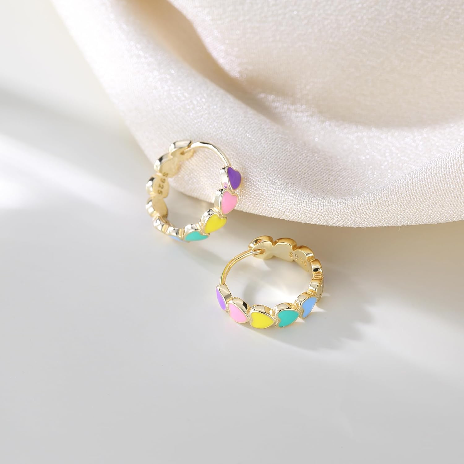 SLUYNZ Sterling Silver Rainbow Heart Hoop Earrings for Women Teens Colorful Love Earrings Huggie for Valentines Day