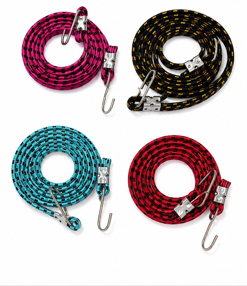 4 Pc Flat Strong Elastic Bungee Cord with Metal S Hooks | 2 Meter Heavy Duty Elastic Luggage Rope | Bike Carrier, Car, Tying Parcel in neon Colors-image-9