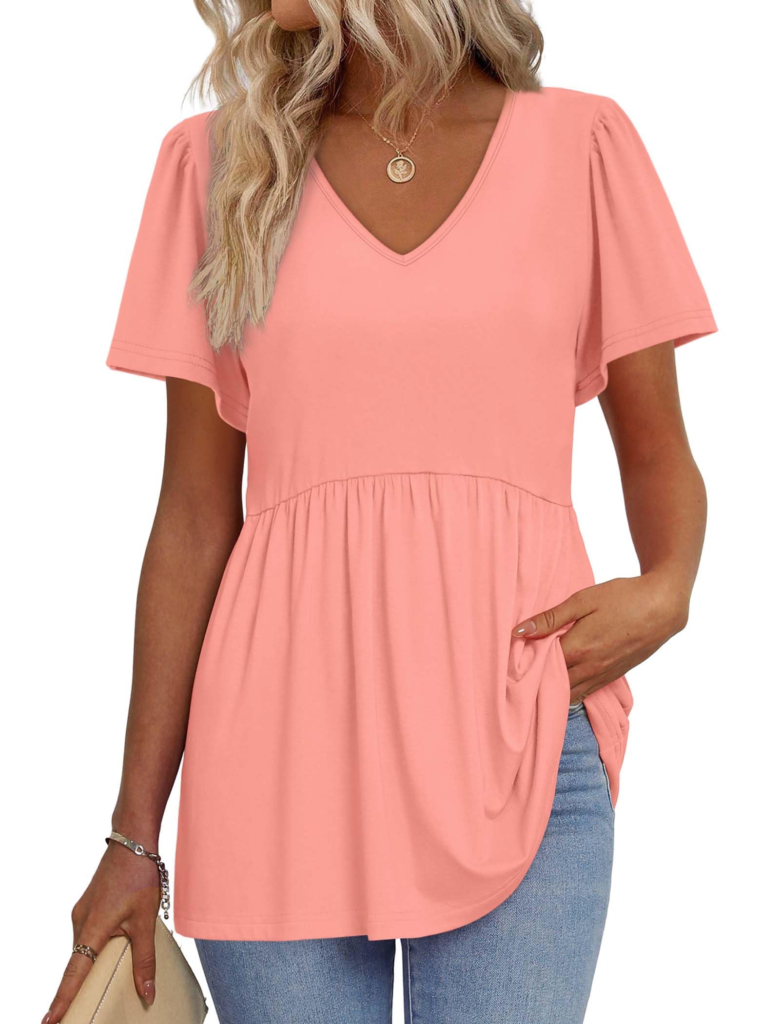 OFEEFAN Womens Summer Tops Babydoll Short Sleeve Shirts Puff Sleeve Peplum Tops V Neck T Shirts