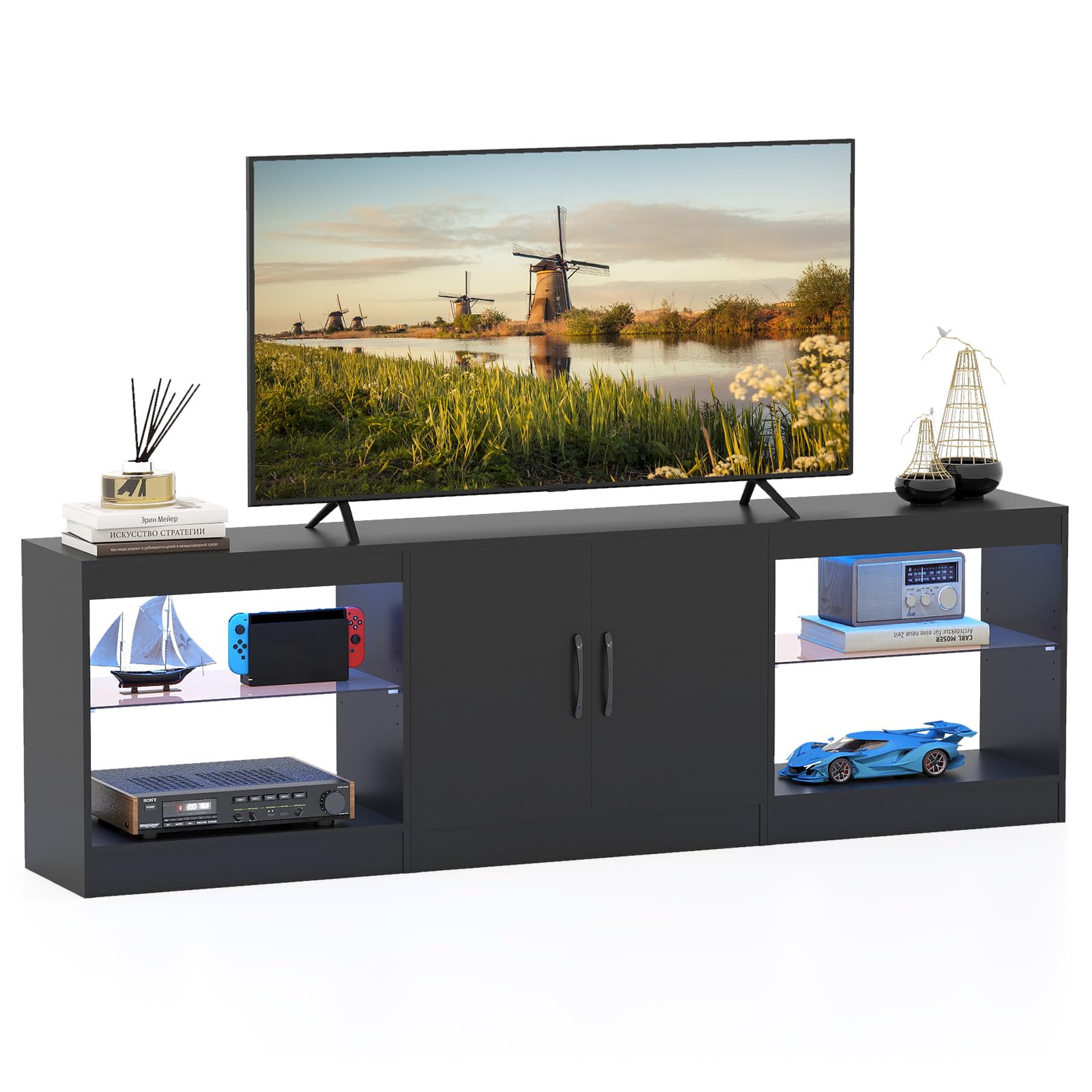 COSTWAY 3- in-1 TV-Schrank, Fernsehtisch für Fernseher bis zu 85 Zoll, 195 cm lang Lowboard mit LED Beleuchtung & verstellbaren Glasregalen für Wohnzimmer, Schlafzimmer, Esszimmer (Schwarz)