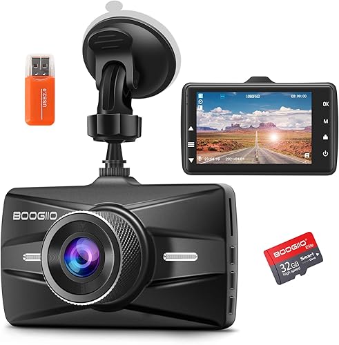 BOOGIIO - Cámara frontal con tarjeta SD de 32G grabadora de conducción de automóvil FHD 1080P de 3 pulgadas pantalla IPS de 170 cámara de tablero de