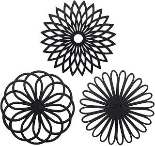 CREATESTAR - Juego de 3 salvamanteles de silicona multiusos con diseño de flores, aislantes, flexibles, antideslizantes, color negro