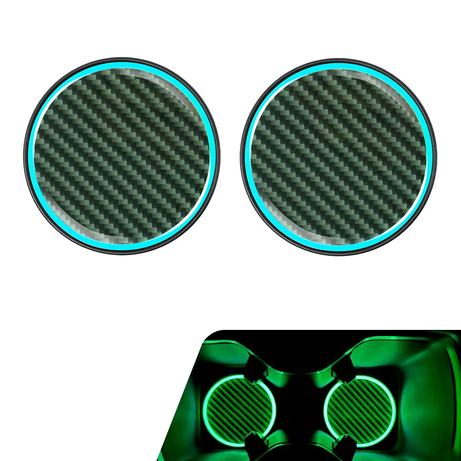 2 PCS Car Cup Coasters, Non-Slip Luminous Carbon Fiber Cup Holder Insert, 2.83 Inch Round Protective Mat, Universal for Most Cars, Trucks, SUVs (Black)