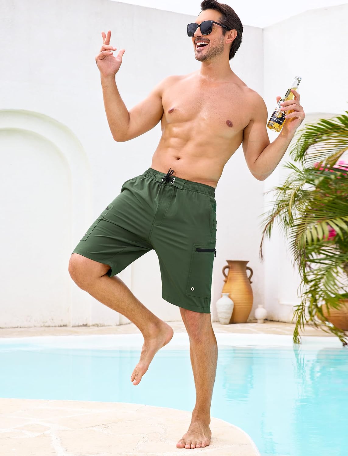 SILKWORLD Mens Swim Trunks Compression Lined Swimming Shorts 9" Quick-Dry Bathing Suits with Zipper Cargo Pockets