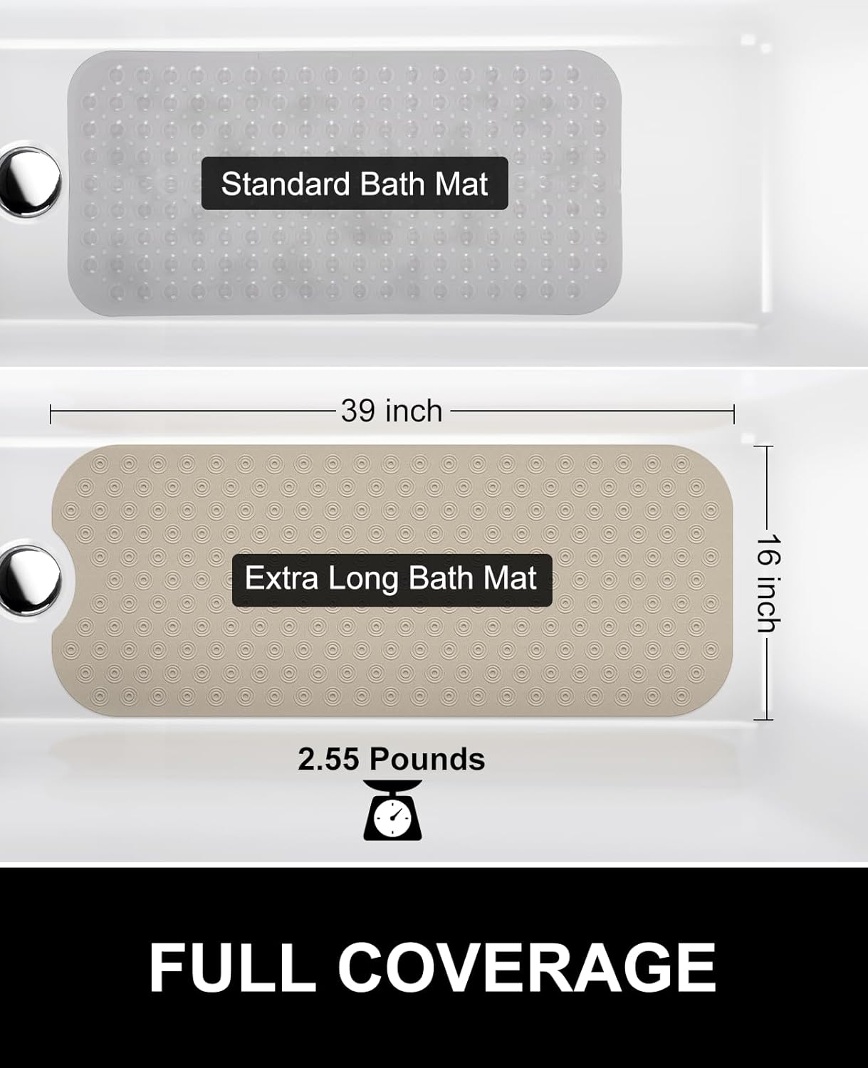 OTHWAY No Suction Cup Bath Mat: 39x16inch Extra Long Bathmat│Perfect for Refinished Bathtub Mat│Made of Nature Rubber│a Blessing for The Elderly and Children (Brown)