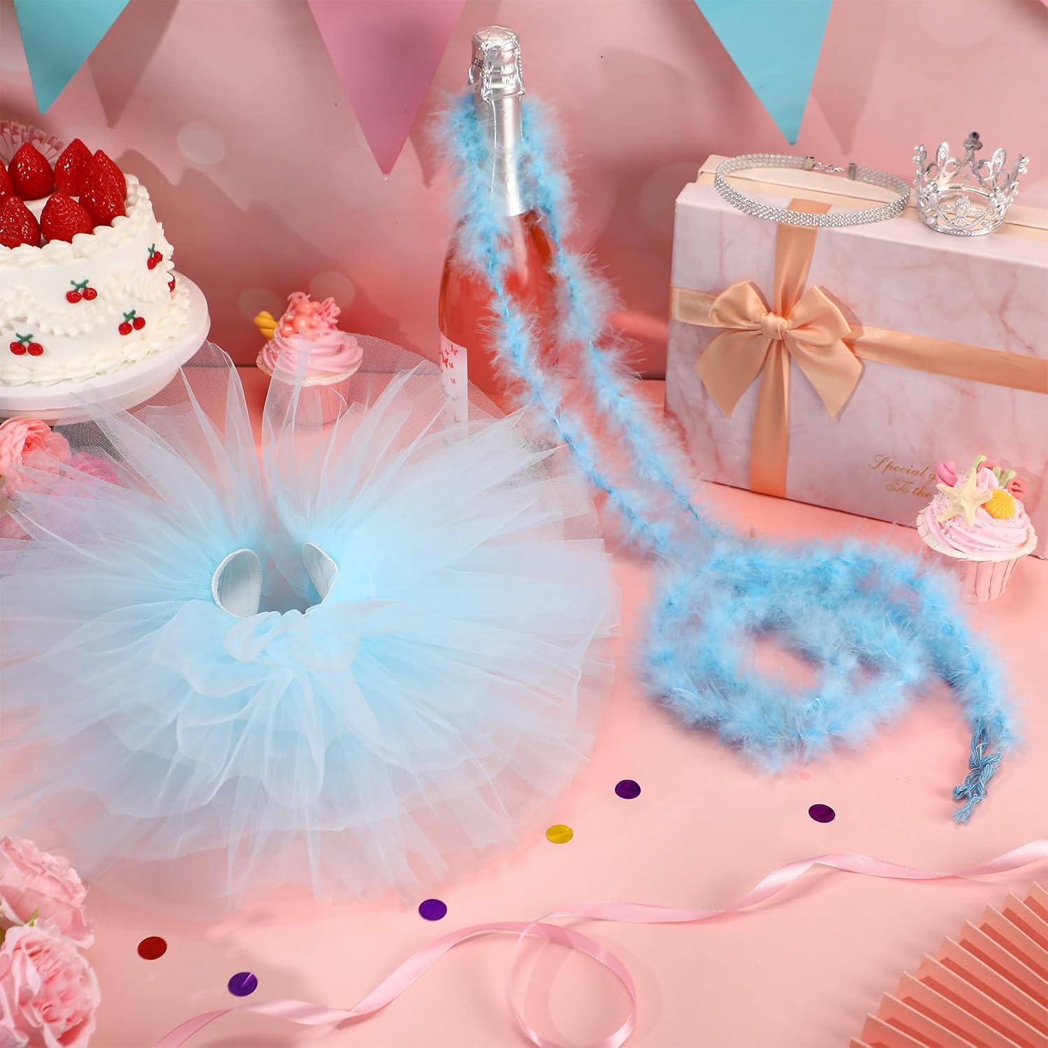 4 Pcs Princess Porch Goose Outfit for 23" 17" Cement Lawn Goose Costume Crown Necklace Tutu Skirt Feather Trim for Princess Outdoor Garden Lawn Art Decor(Blue) - Image 4