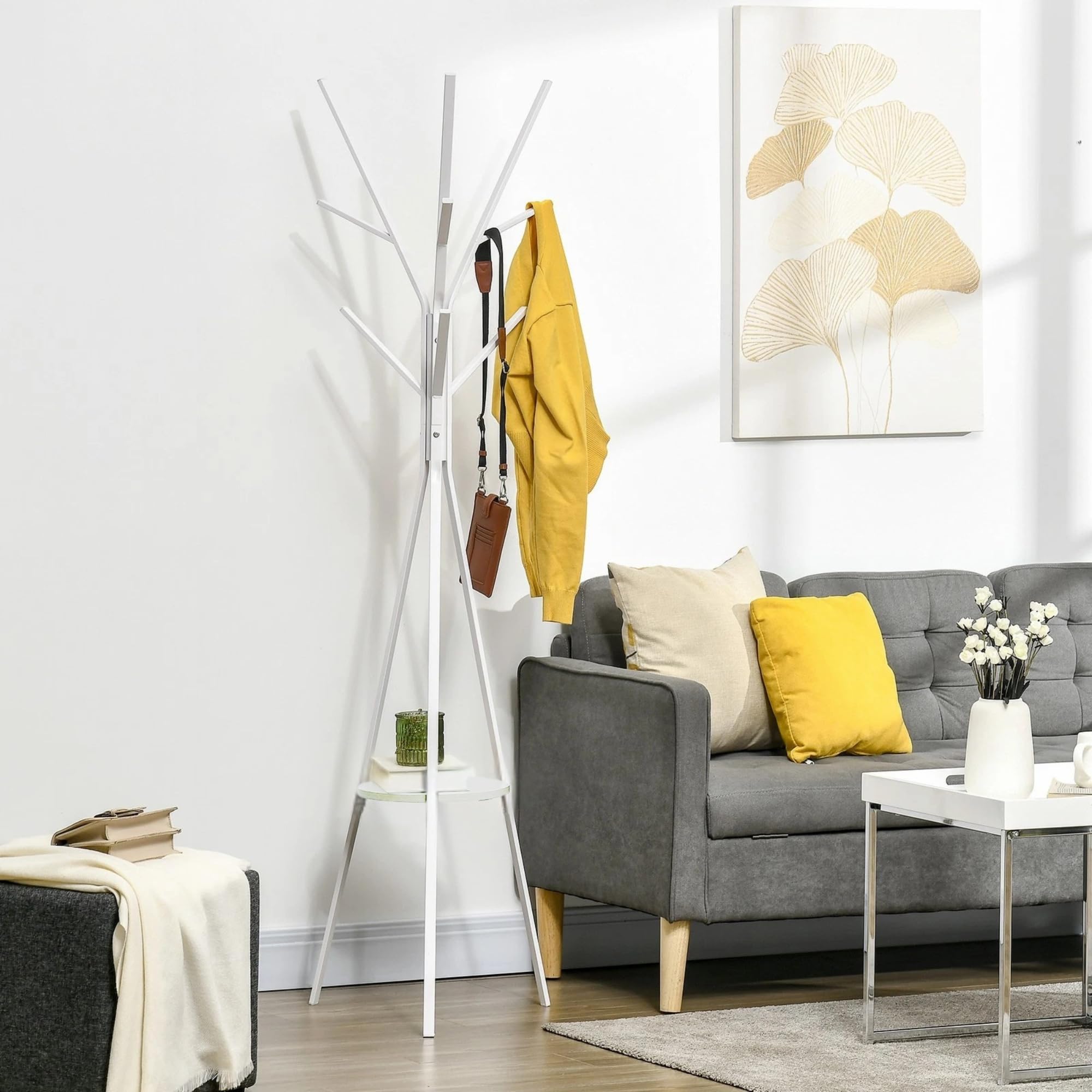 Appendiabiti da Terra Design Moderno, 180 cm, 9 Ganci, con Ripiano, Struttura in Metallo (Bianco)
