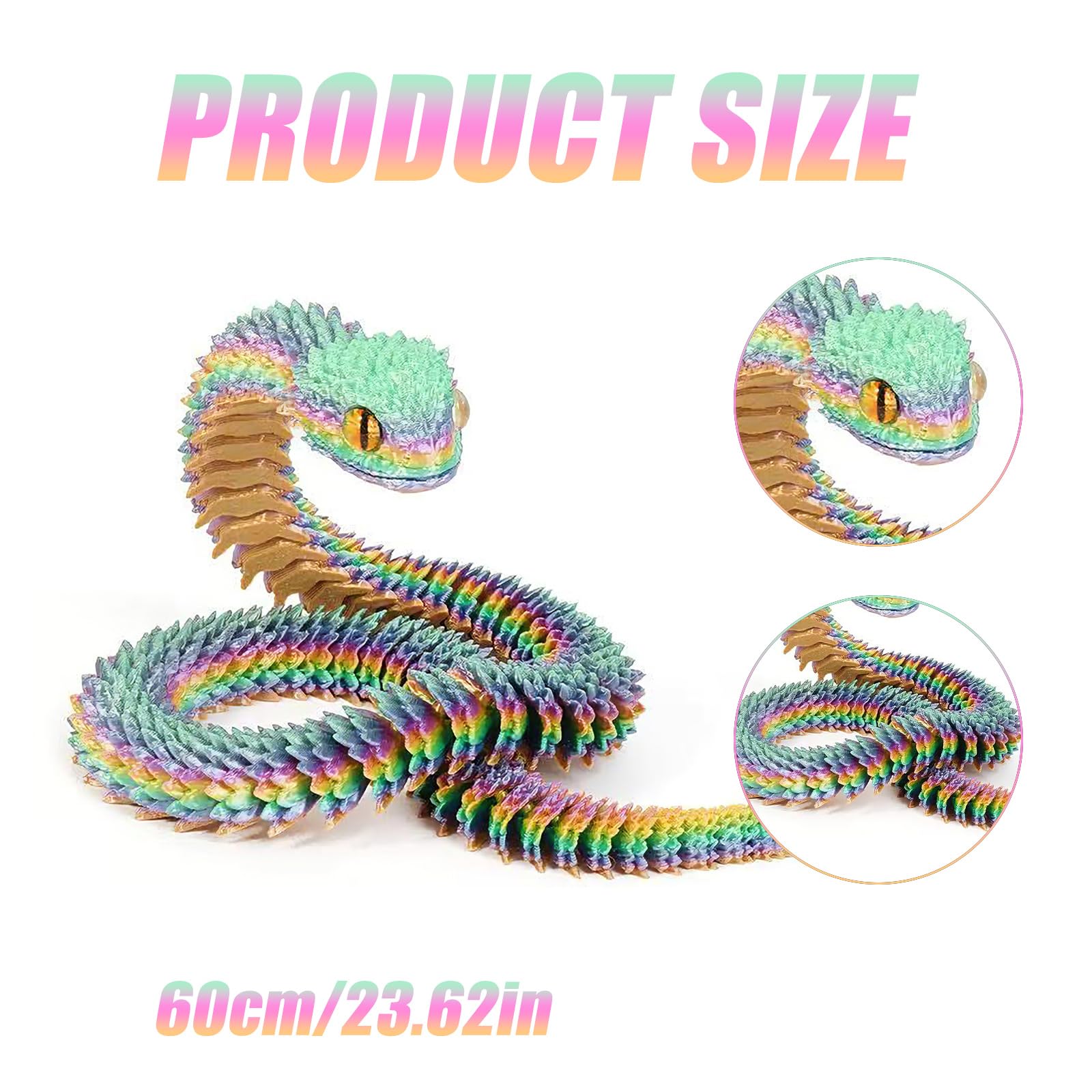 Joycabin 3D Gedruckte Schlange Spielzeug, 60cm Flexible Schlangen Fidget Toys, Schlangen Modell, 3D Gedruckte Tiere Spielzeug für Kinder Geschenke Schreibtisch Wohnkultur (Rainbow) - 3