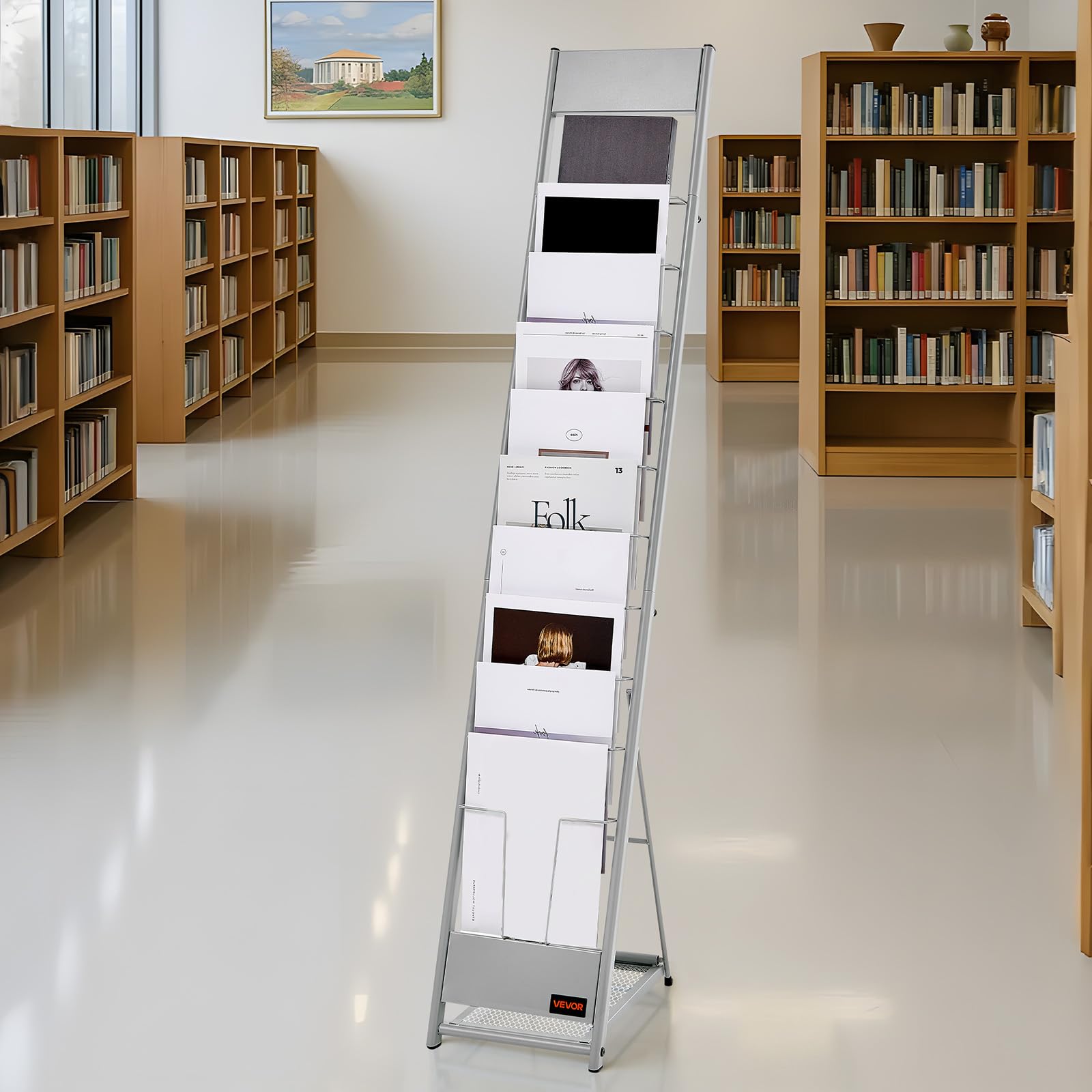VEVOR Prospektständer Zeitschriftenständer mit 10 Taschen, Literaturständer Kataloghalter Schrägsteller, Buchständer Bodenaufsteller für Messen, Büroshows, Ausstellung Geschäfte, Silber
