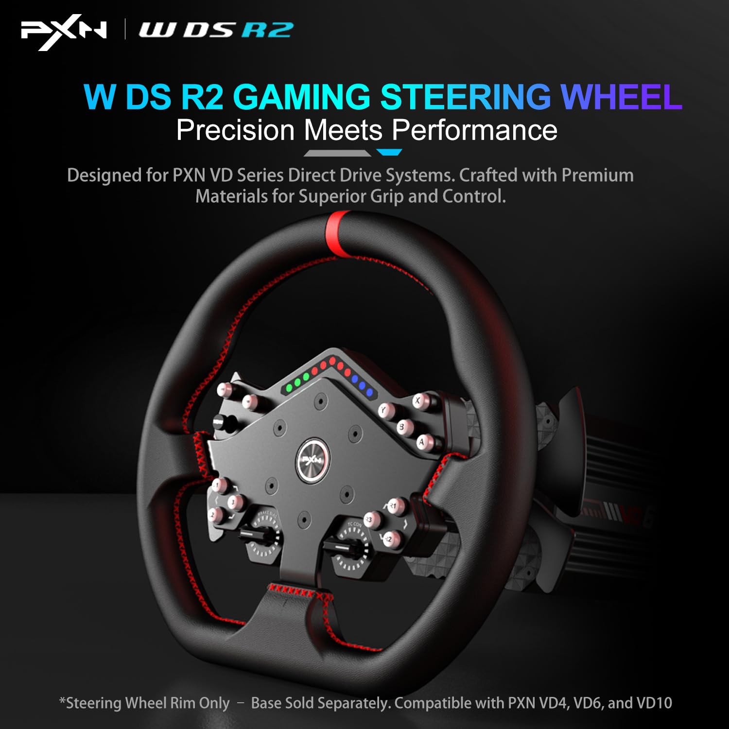 PXN W DS R2 Volante da Corsa – Compatibile con basi Direct Drive VD6 e VD10 – Rilascio rapido, 4 palette, indicatore RGB, pelle in microfibra – 30 cm corona piatta