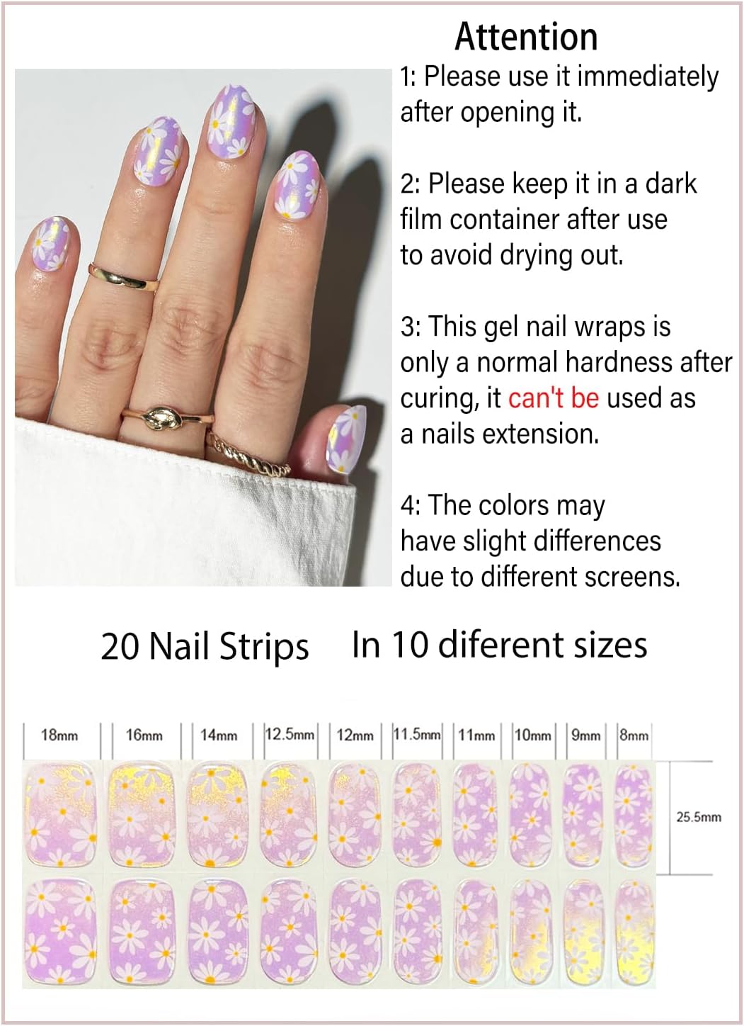 UV Gel Nail Stickers, Pink Chrome Flower 20pcs Semi Cured Gel Nail Strips, Wraps for Home Manicure DIY