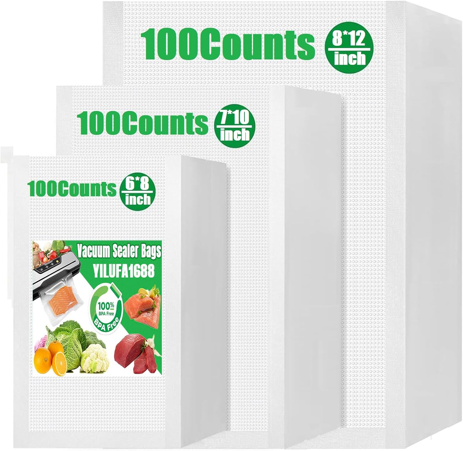 300 Pcs Vacuum Sealer Bags for Food 8"x12"+7"x10"+6"x8" Mixed Sizes - Commercial Grade, BPA Free, Heavy Duty for Sous Vide, Meal Prep & Food Storage