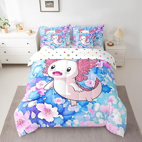 Cartoon Salamande Bed in a Bag Twin Cute Axolotl 7 Piece Bedding Set Reptile Ani