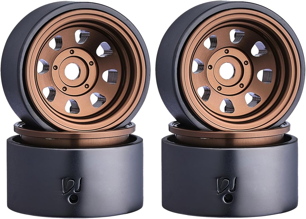 DJCRAWLER 1.0 Deep Dish Bead Lock Metal Wheels Positive Offset 2.7mm 8 Spokes Wheels for TRX4M SCX24 Bronco C10 JLU Deadbolt 1/18 1/24 RC Crawler Car Upgrade Wheel, Come with Adapter for TRX4M(Bronze)
