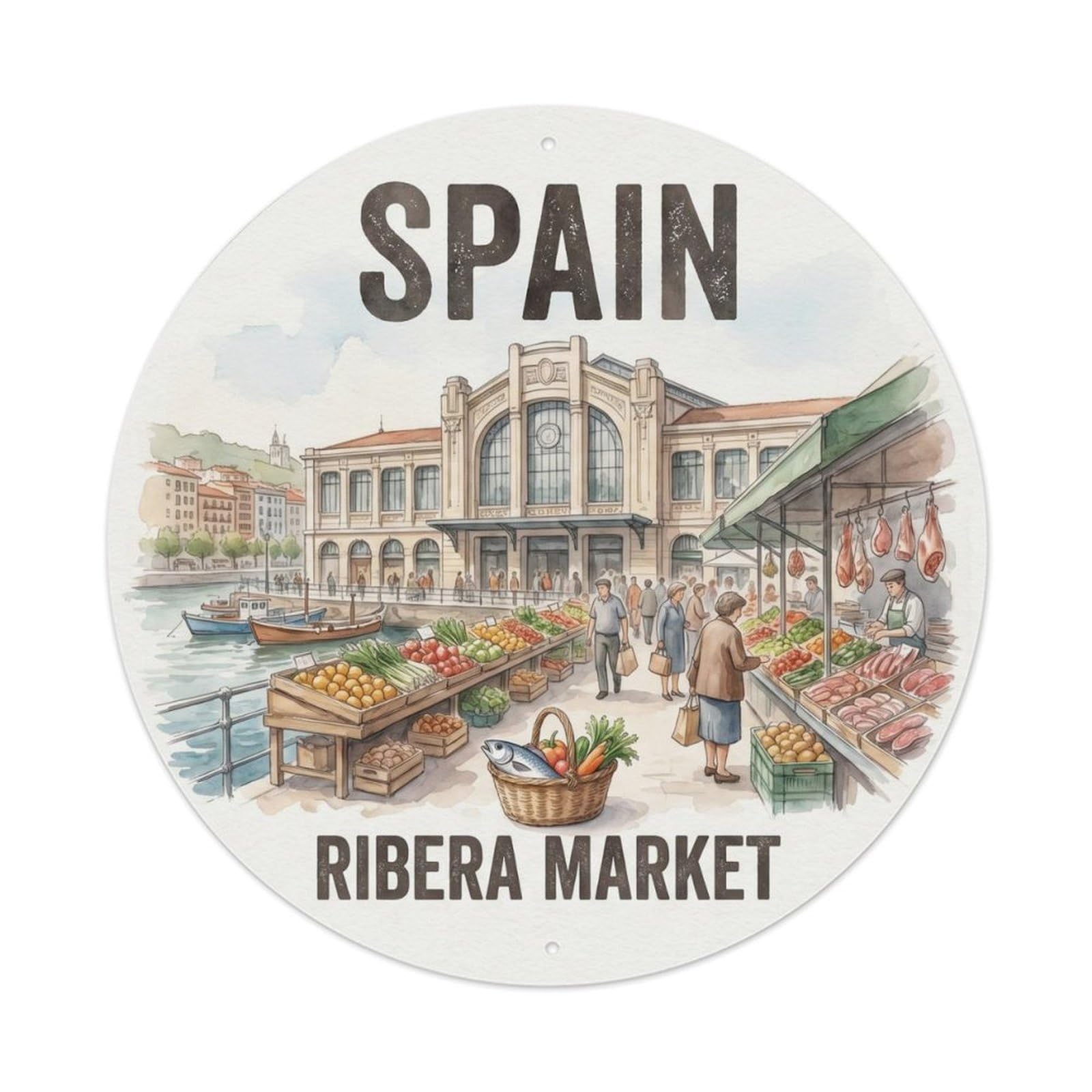Bilbao Mercado Ribera Spain Watercolor Heritage Metal Tin Sign