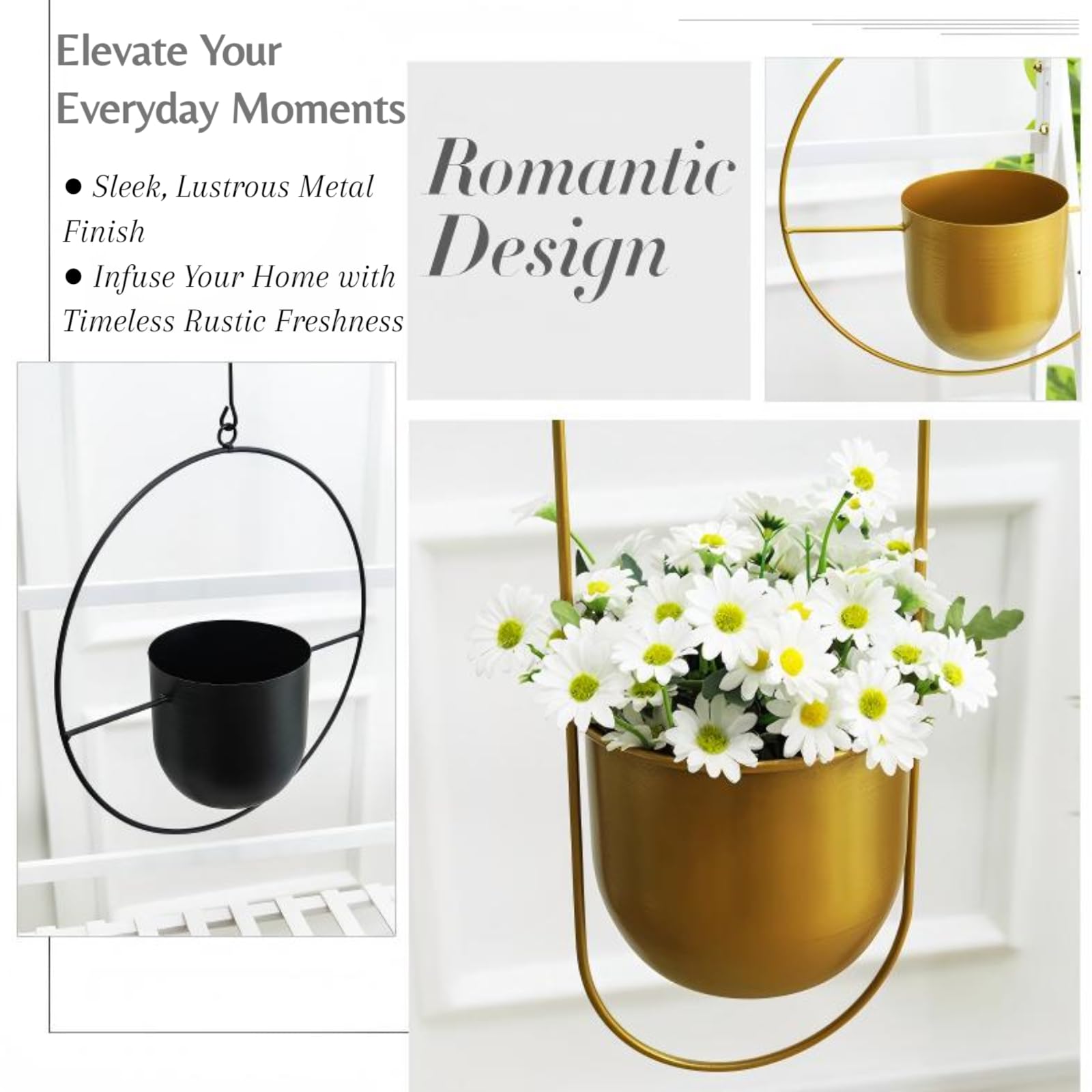 Pot de fleurs suspendu en métal moderne du milieu du siècle avec crochet, chaîne réglable et vis, fer antirouille noir mat pour intérieur et extérieur, pas de fuite pour plantes grasses