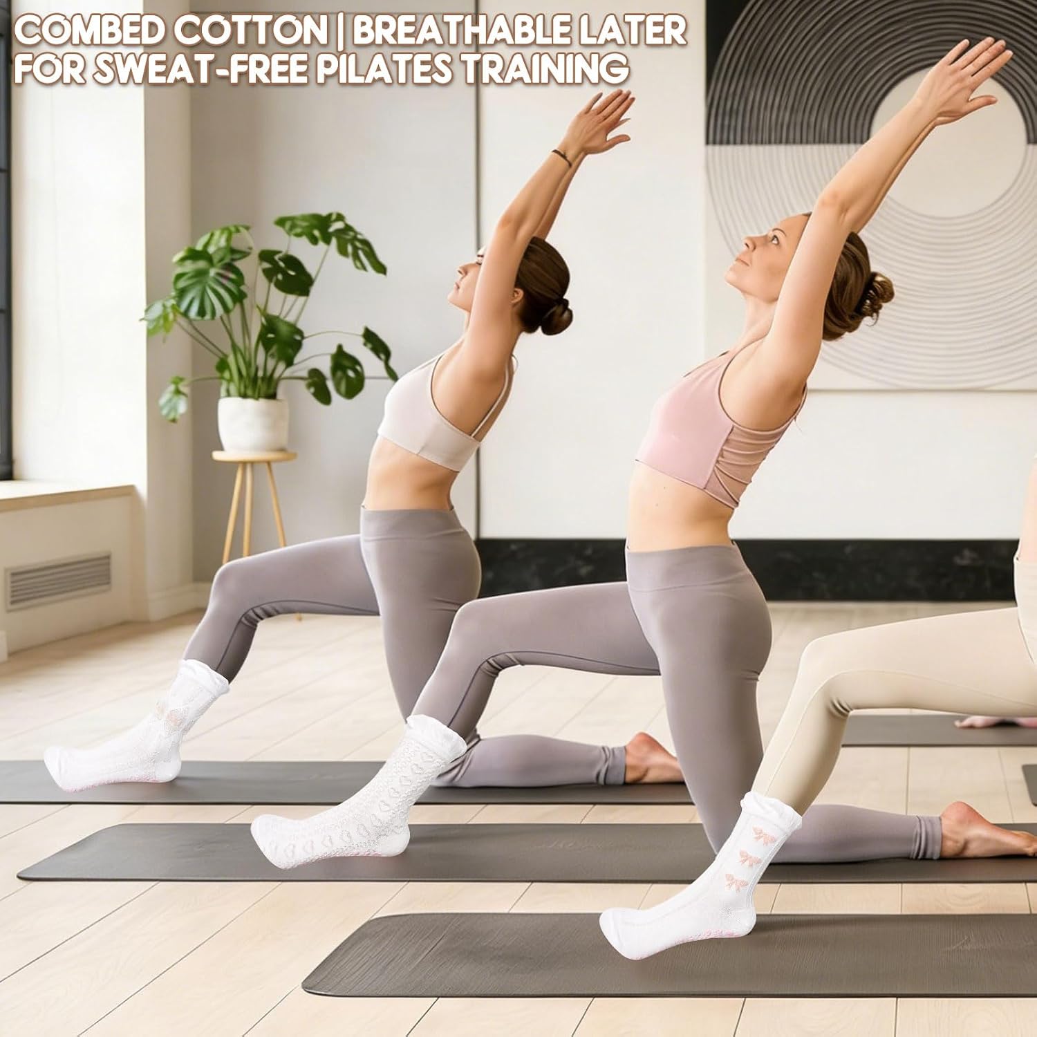 3 Pairs Cute Pilates Grip Socks for Women Ruffle Bow Non Slip Grip Socks Fits for Yoga, Barre, Barefoot