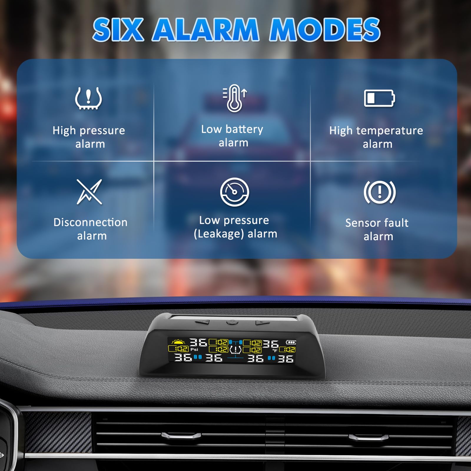 KAOLALI TPMS Sistema de Control de presión de neumáticos, con 6 Modos de Alarma, Carga Solar y Carga USB, con Pantalla LCD a Color y 6 sensores de presión de neumáticos externos, 0-9,9 Bar(0-144PSI)