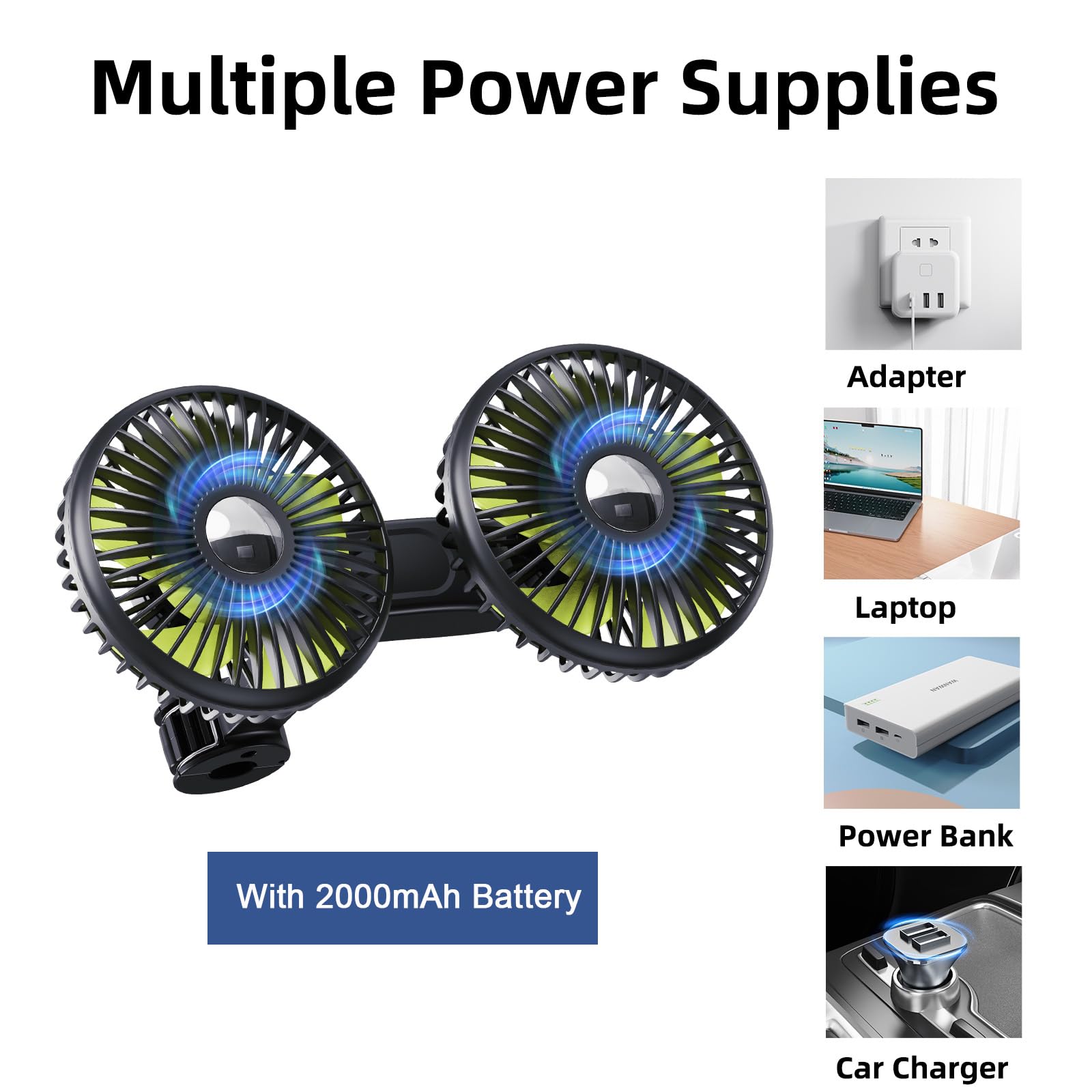 Ventilatore per auto per sedile posteriore, 2000 mAh, ventola per sedile posteriore, regolabile, doppia testa, USB, ventole portatili per auto con 3 velocità, ventilatore per seggiolino auto,