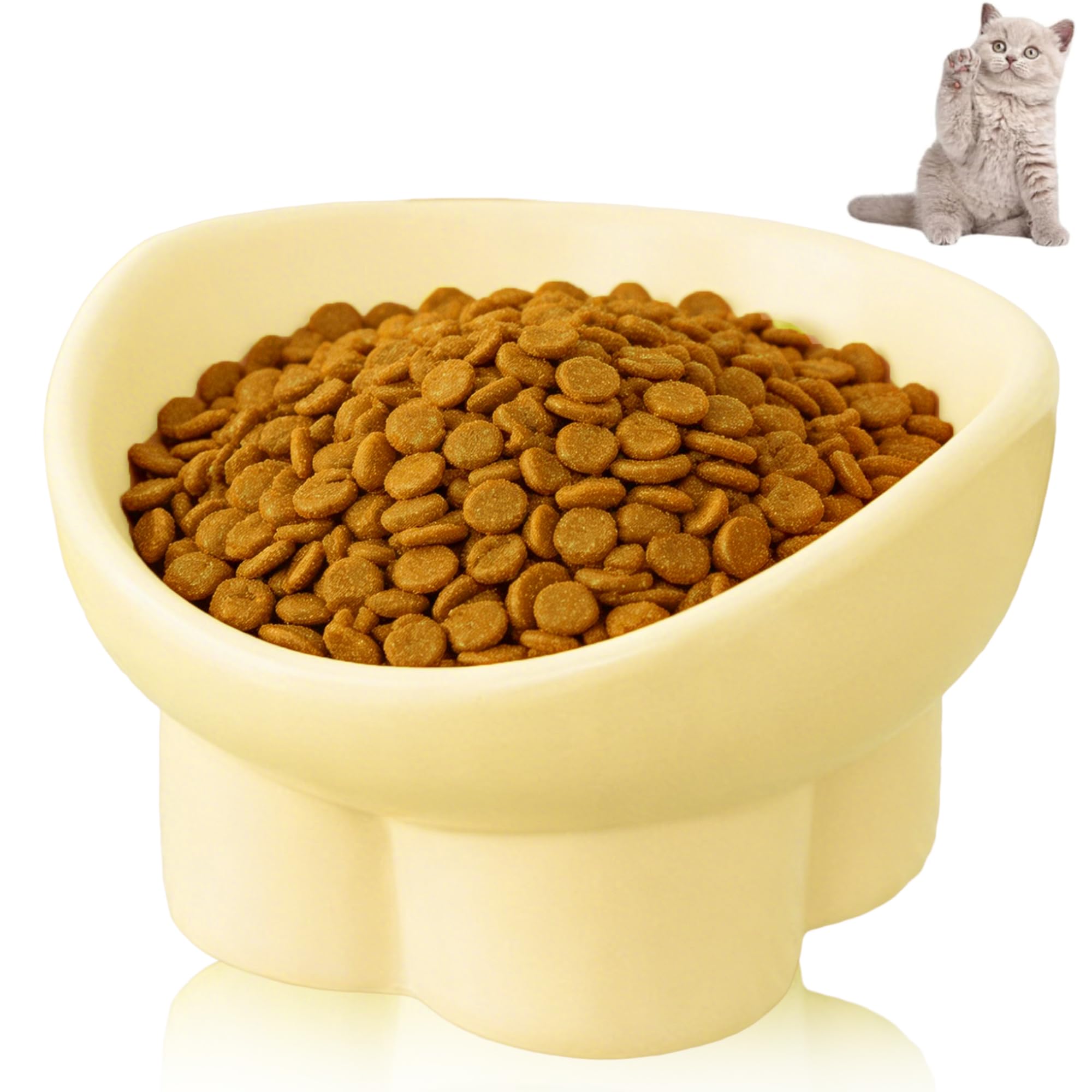 Raised Cat Bowls, Cat Food Bowl, Ceramic Cat Bowls – 15° Tilted Design, Easy-Clean, for Cats & Small Dogs (Yellow)