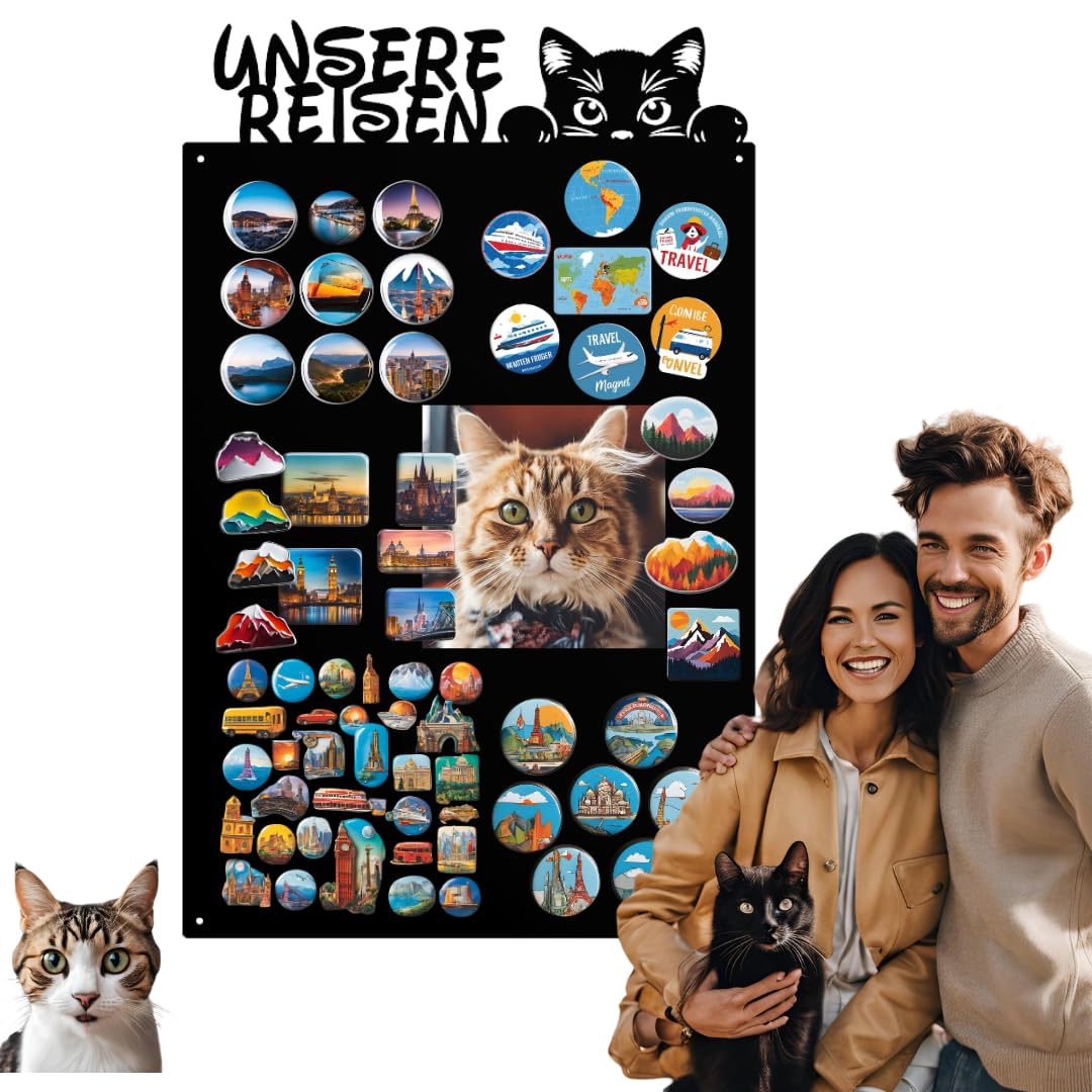 Magnettafel - Magnetische Pinnwand mit Katzenmotiv - ideal für Magnete und Notizen - magnetisches Whiteboard - beschreibbare Tafel - inkl. Montageset - Schwarz - 80x50 cm
