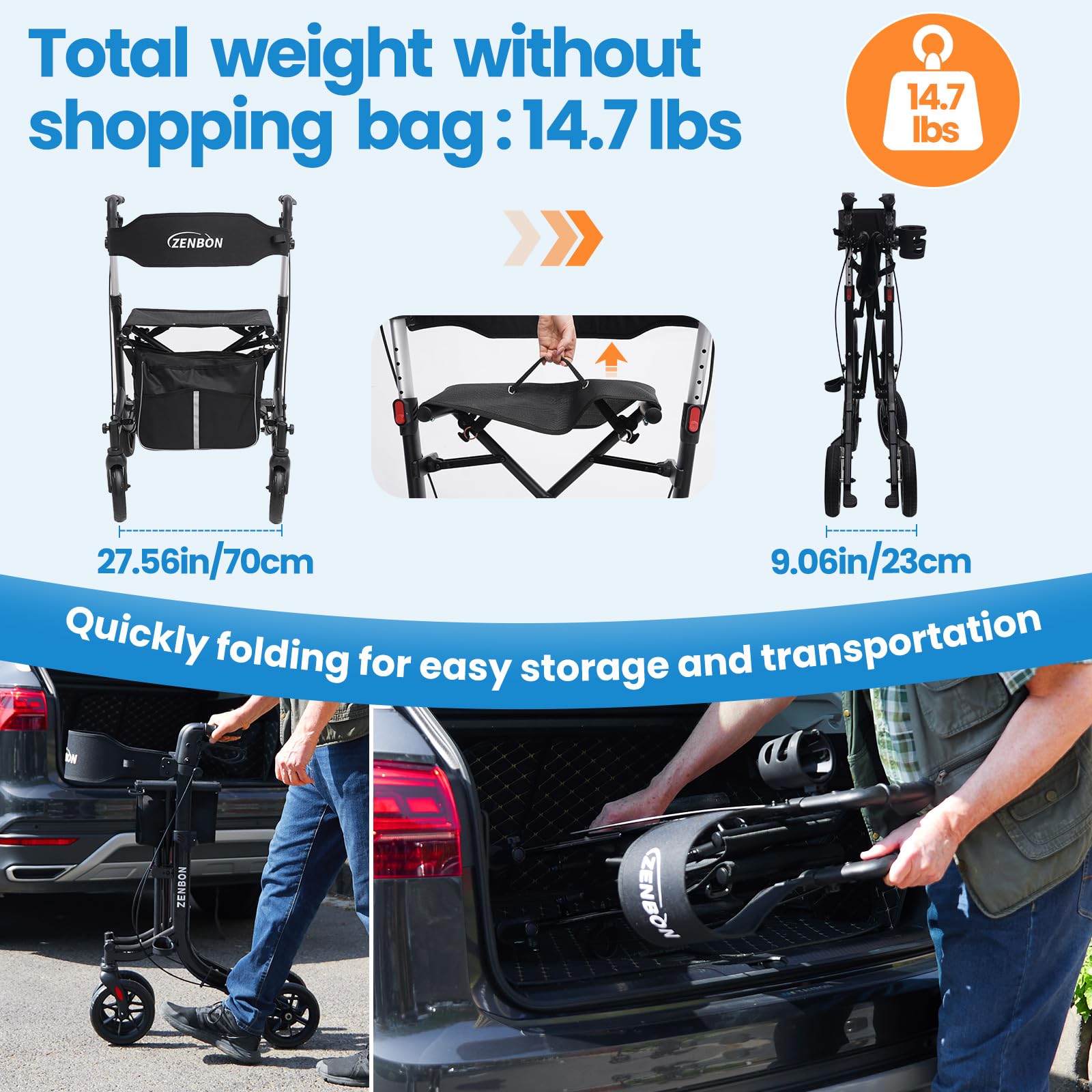 Deambulatore in Alluminio Ultraleggero con 4 Ruote: Rollator Stretto per la Casa, Deambulatore con Seduta Pieghevole per Anziani - Rollator da Viaggio con Maniglia Regolabile in Altezza (Nero)