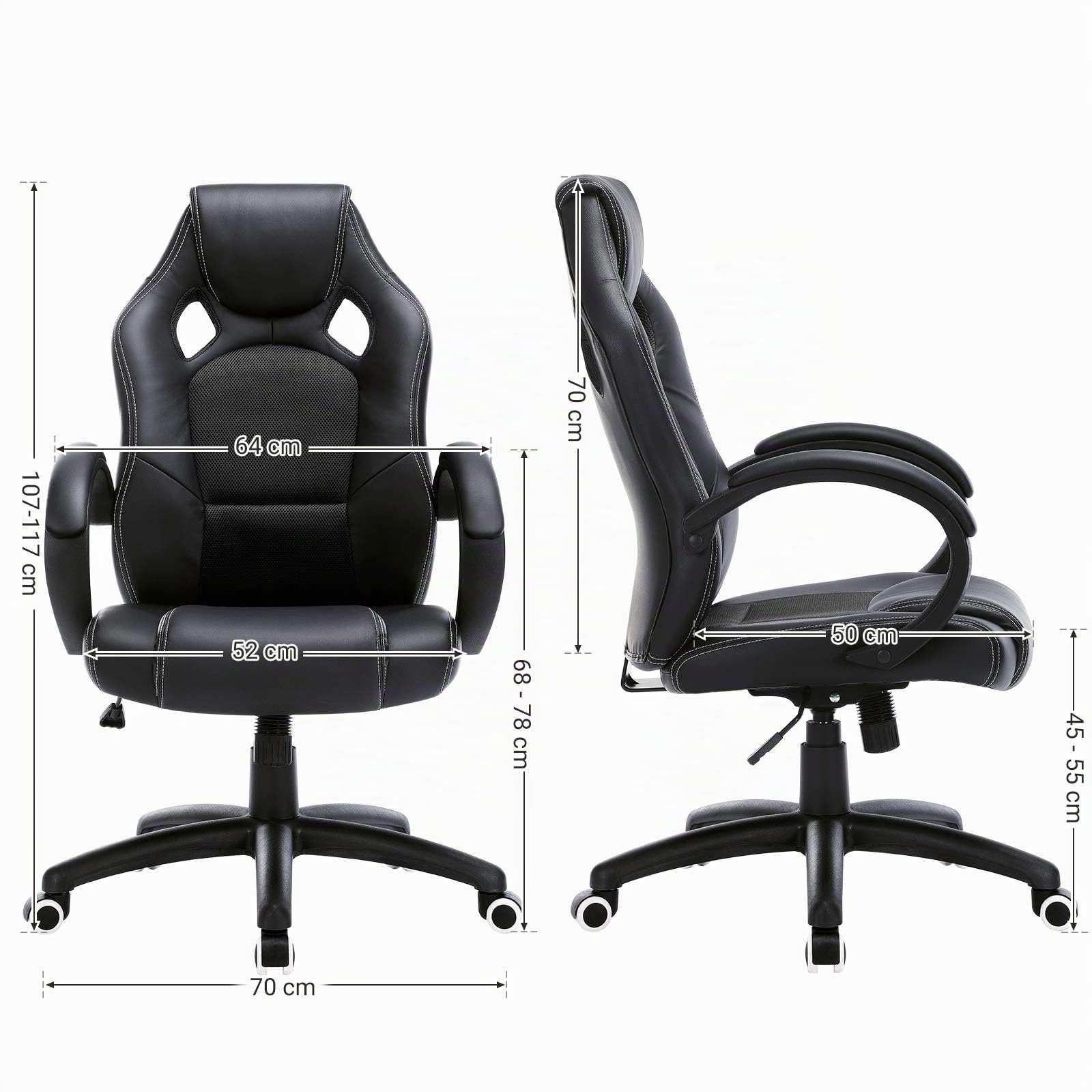 SONGMICS Fauteuil de Bureau, Chaise Gaming, Siège Ergonomique, pivotant, Hauteur réglable, mécanisme basculent, Noir et Gris OBG56BG